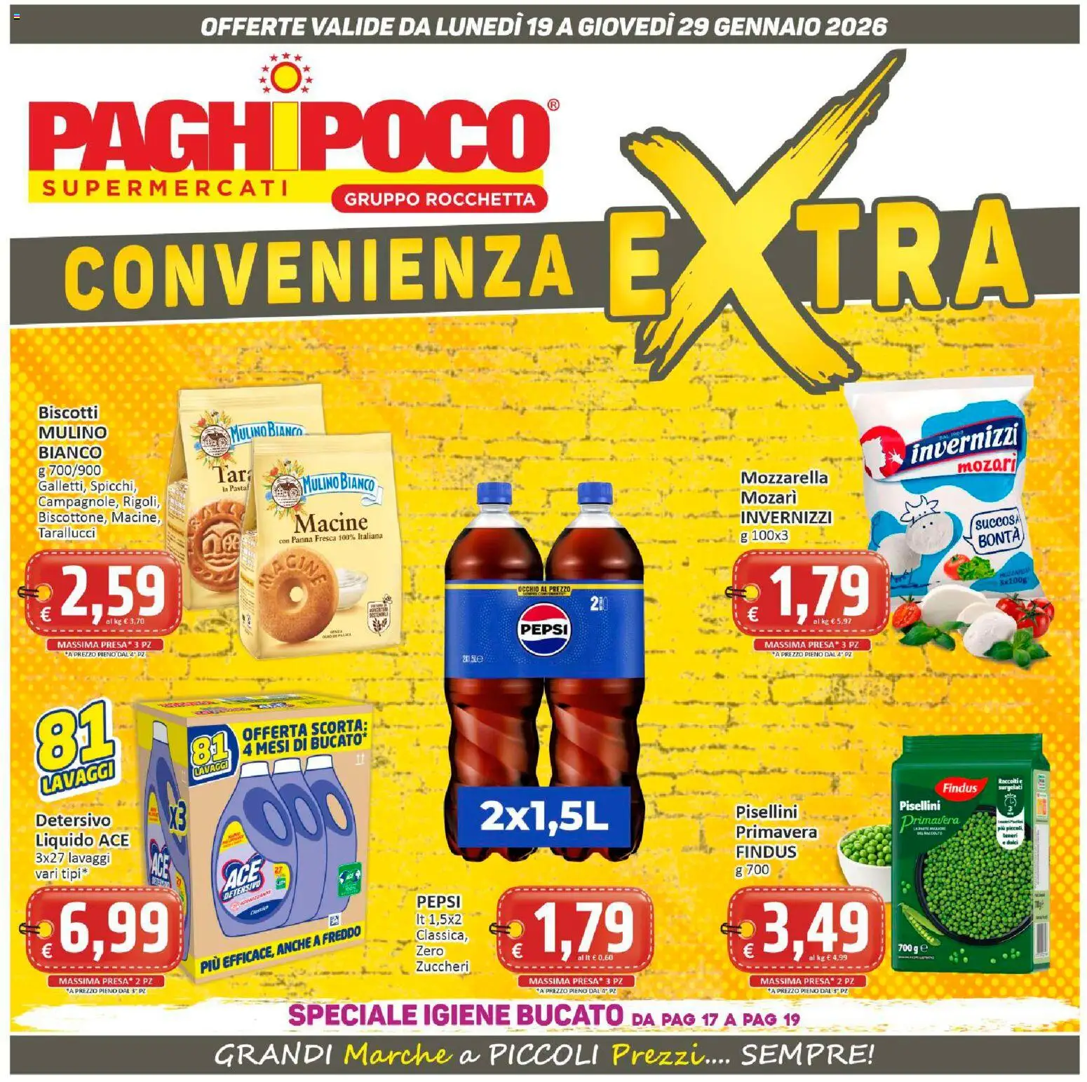 Volantino Paghi Poco del 19.01.2026 | Pagina: 1 | Prodotti: Panna, Biscotti, Mozzarella, Presa