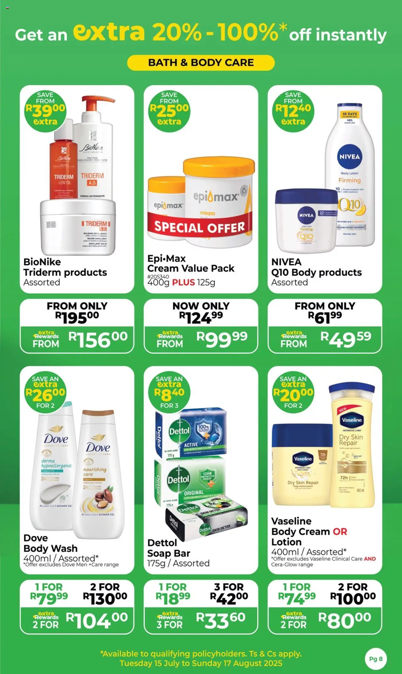 New Dis-Chem catalogue – valid from 15.07.2025 | Page: 8 | Products: Soap, Shower gel, Body wash, Lotion