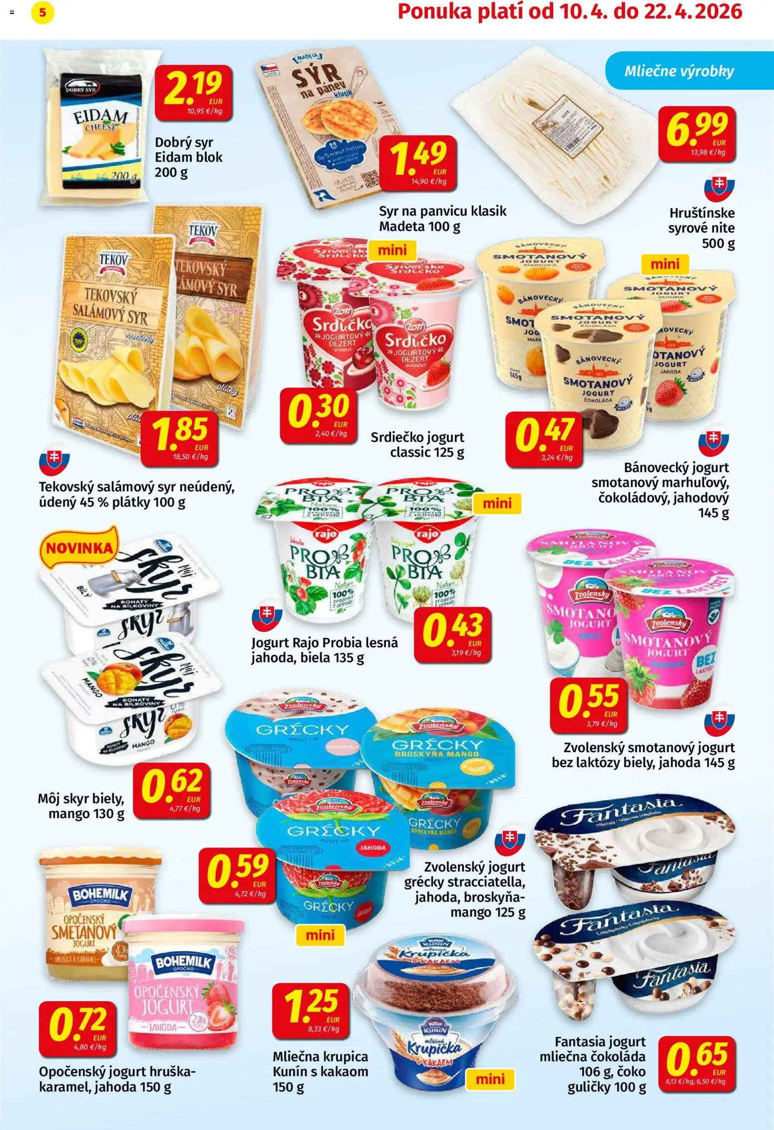 Nové Koruna akcie – leták je platný od 10.04.2026 | Strana: 5 | Produkty: Jogurt, Eidam, Skyr, Čokoláda