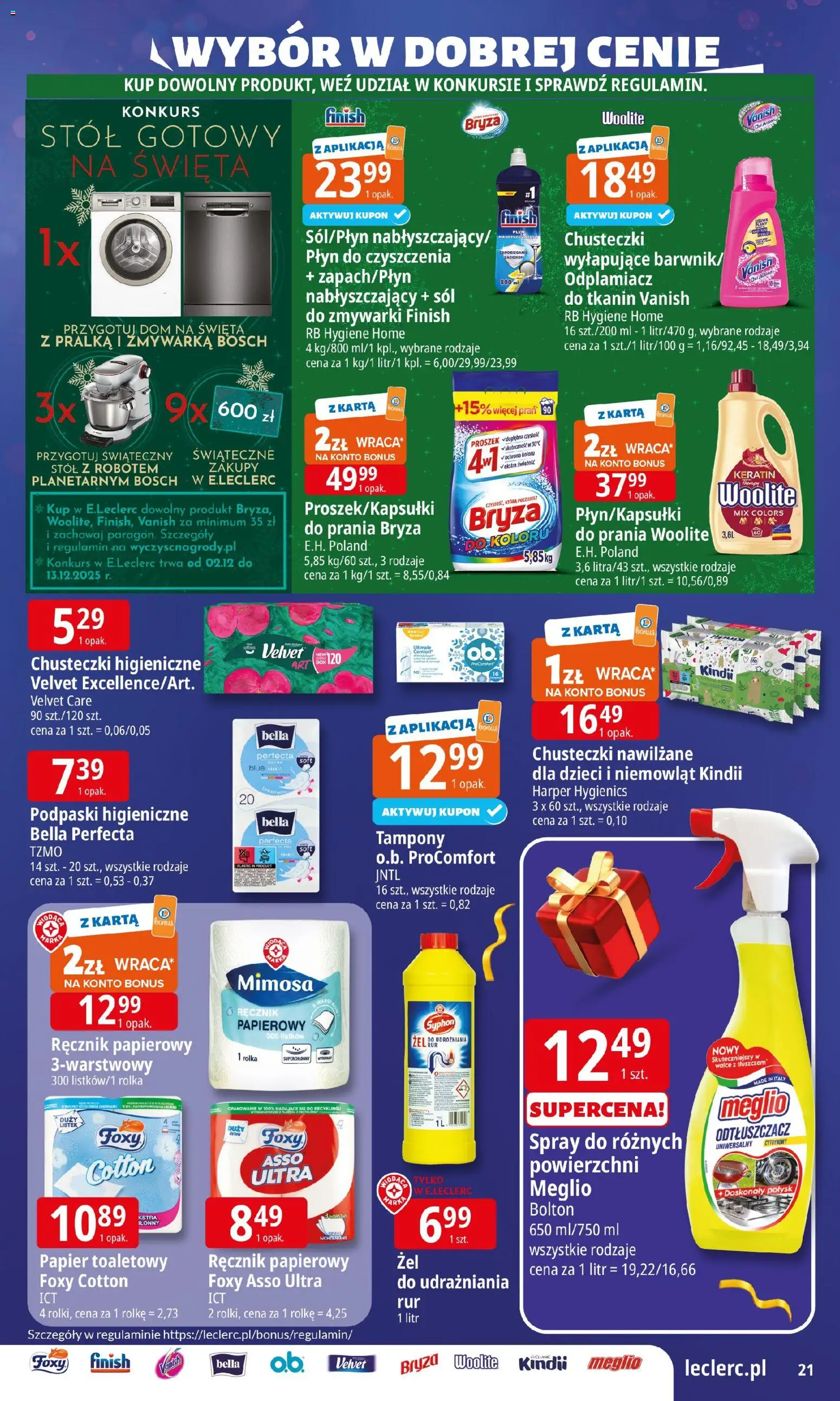 E.Leclerc Gazetka - Wrocław prezenty od 02.12.2025 | Strona: 21 | Produkty: Meglio, Chusteczki higieniczne, Odplamiacz, Sól