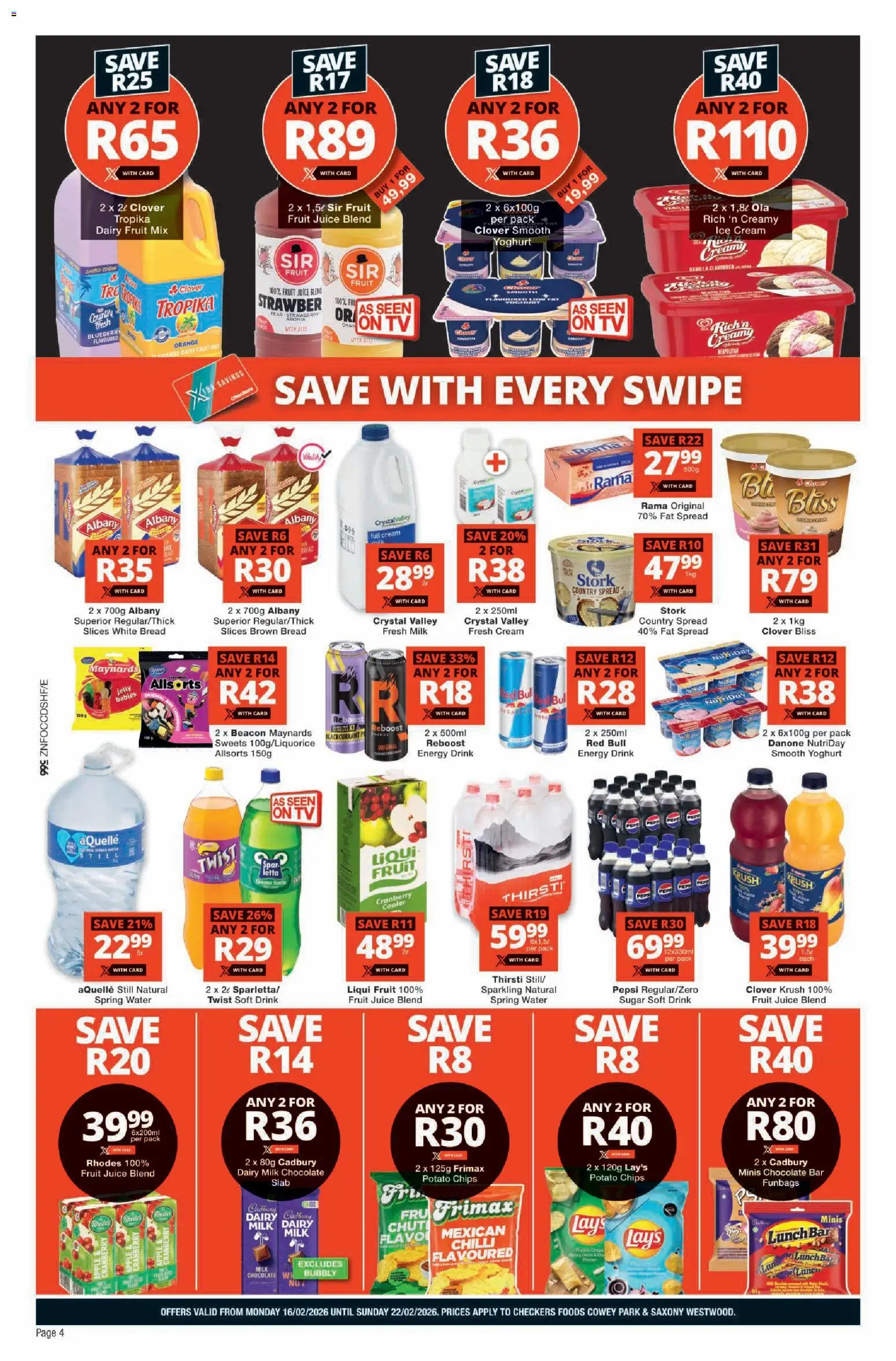 New Checkers catalogue – valid from 16.02.2026 | Page: 4 | Products: TV, Cooler, Water, Fruit