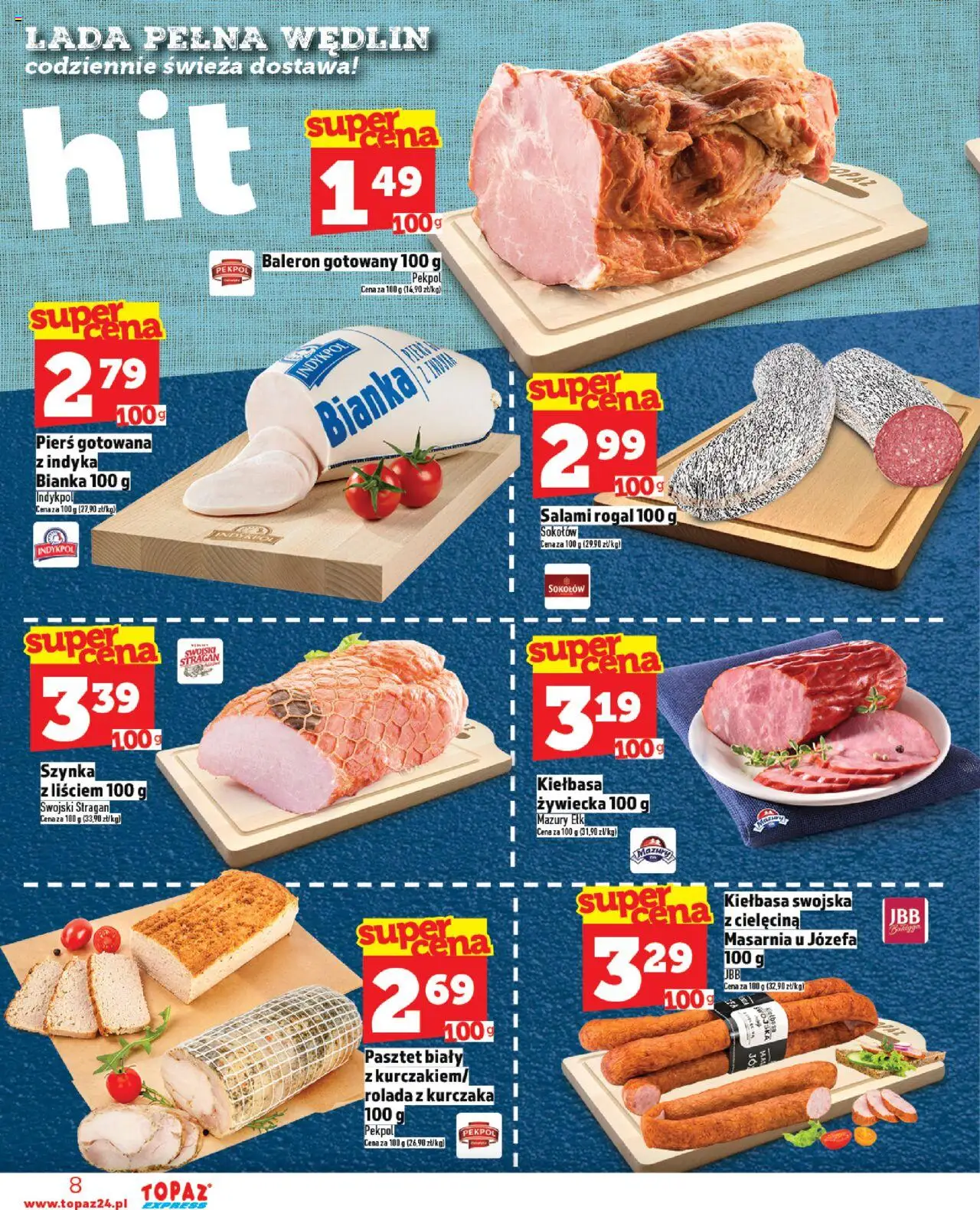 Topaz Gazetka - Express od 23.10.2025 | Strona: 8 | Produkty: Kiełbasa, Rolada, Szynka, Salami