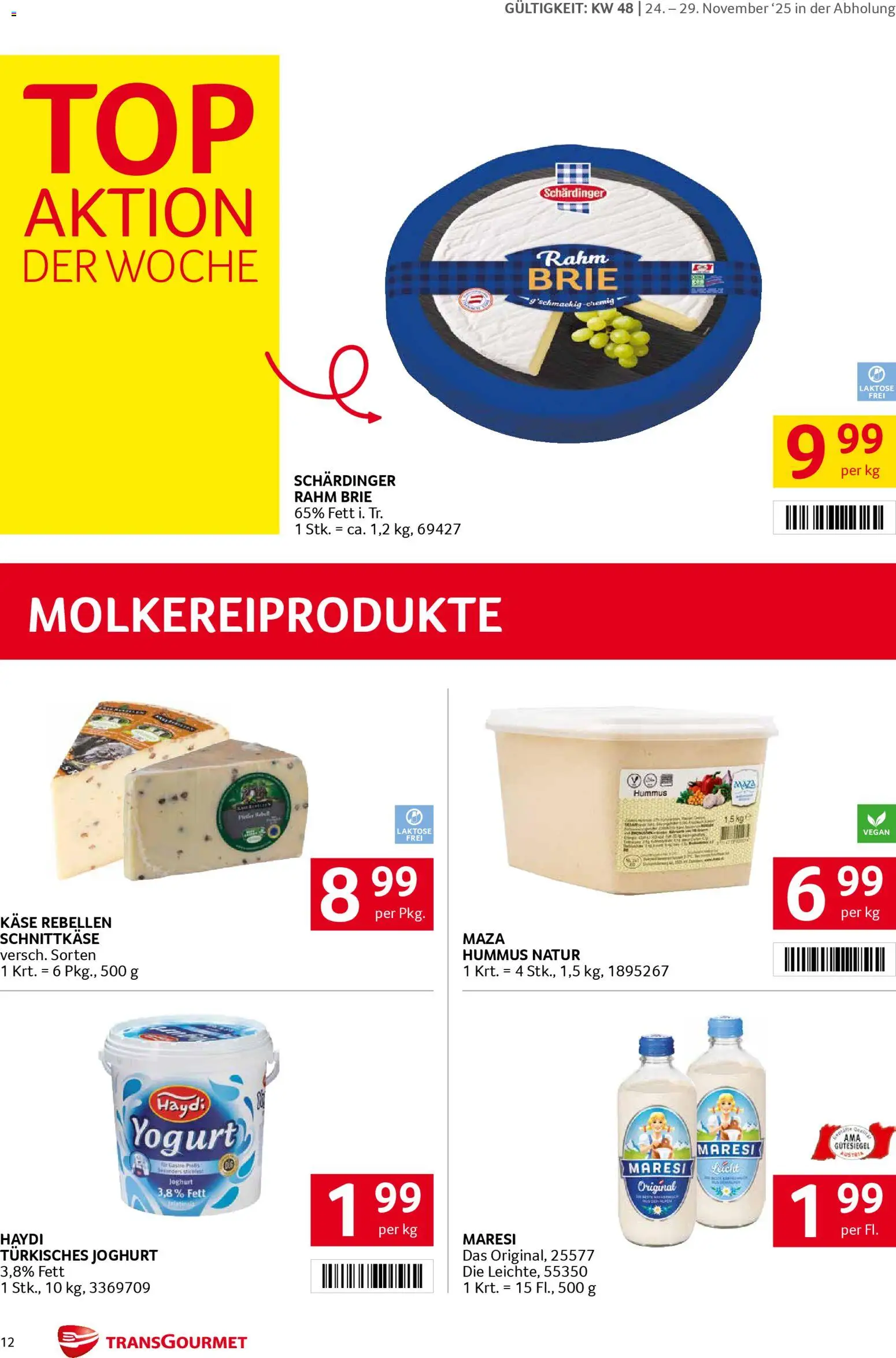 Transgourmet Flugblatt gültig ab 24.11.2025 | Seite: 12 | Produkte: Käse, Joghurt