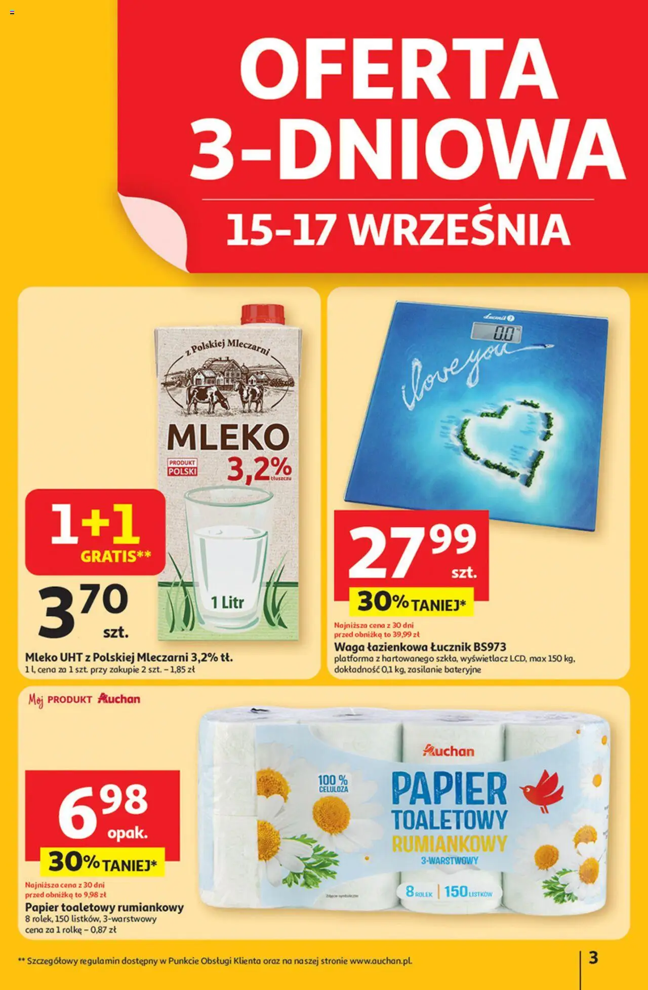 Auchan Gazetka - Pewność niskich cen Hipermarket od 11.09.2025 | Strona: 3 | Produkty: Papier toaletowy, Waga, Waga łazienkowa, Mleko