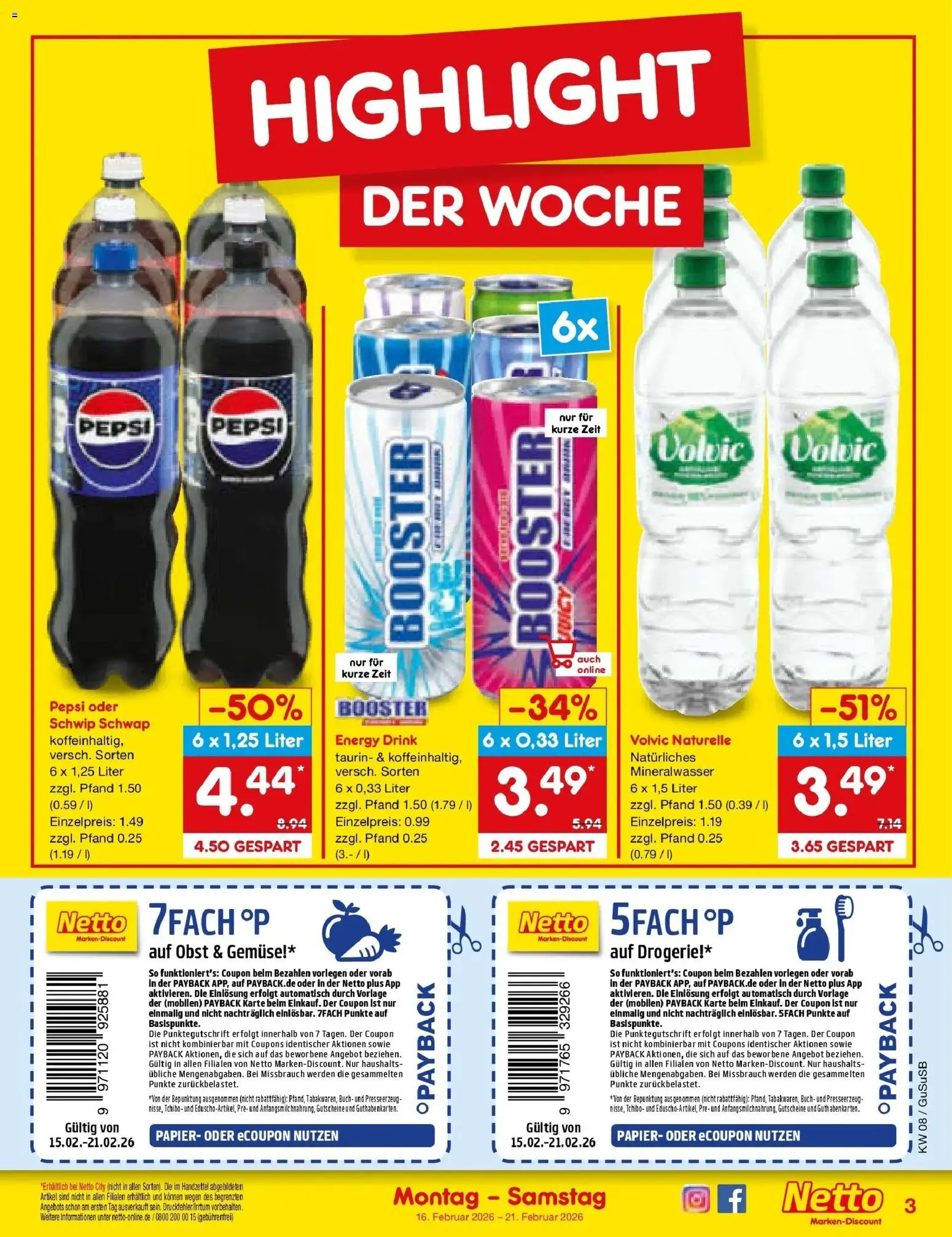 Netto Marken-Discount prospekt Rodewisch	 – gültig ab 16.02.2026 | Seite: 3 | Produkte: Energy, Mineralwasser, Gemüse, Volvic
