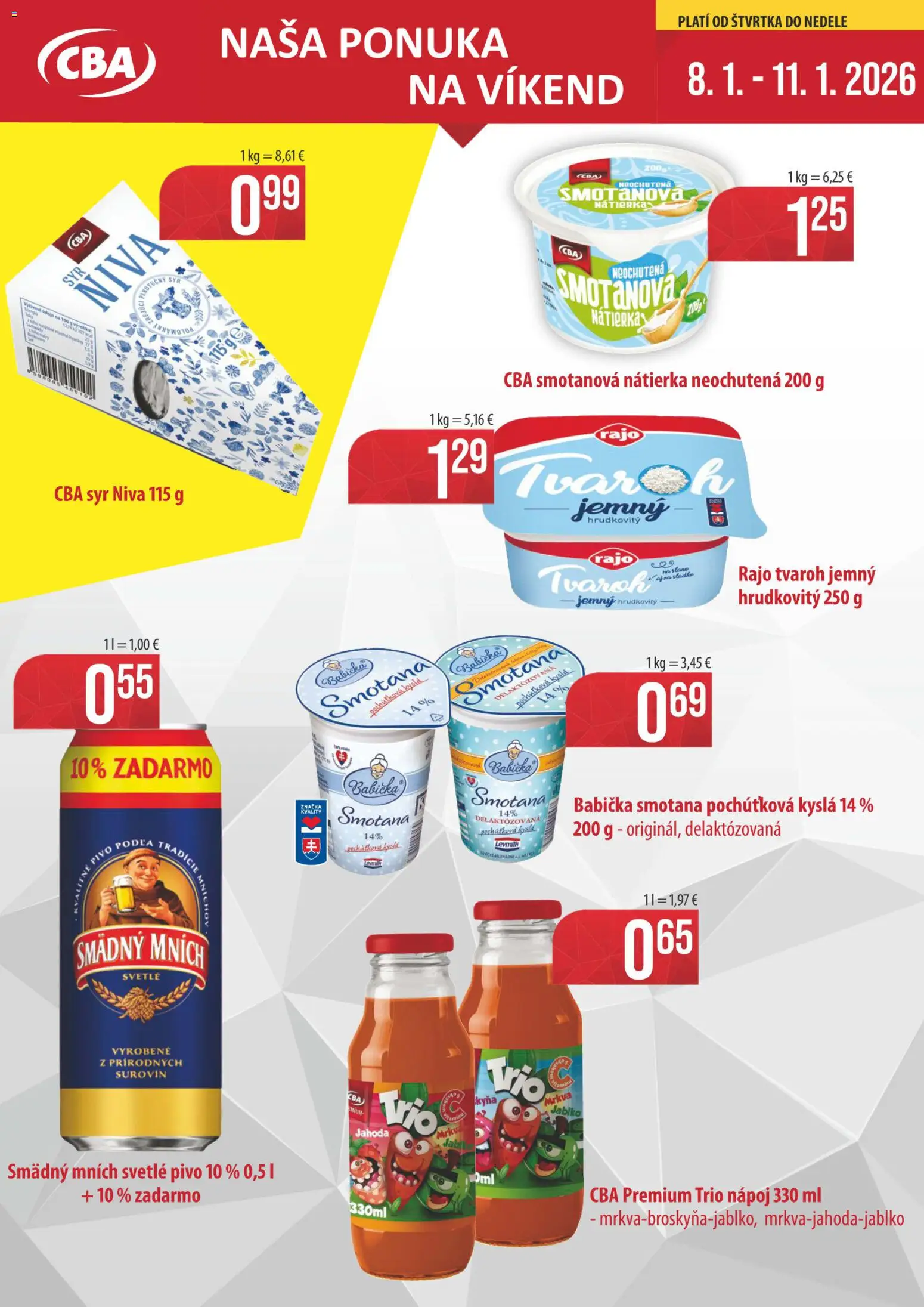 Nové Sintra akcie – leták je platný od 08.01.2026 | Strana: 1 | Produkty: Pivo, Syr, Smädný Mních, Mrkva