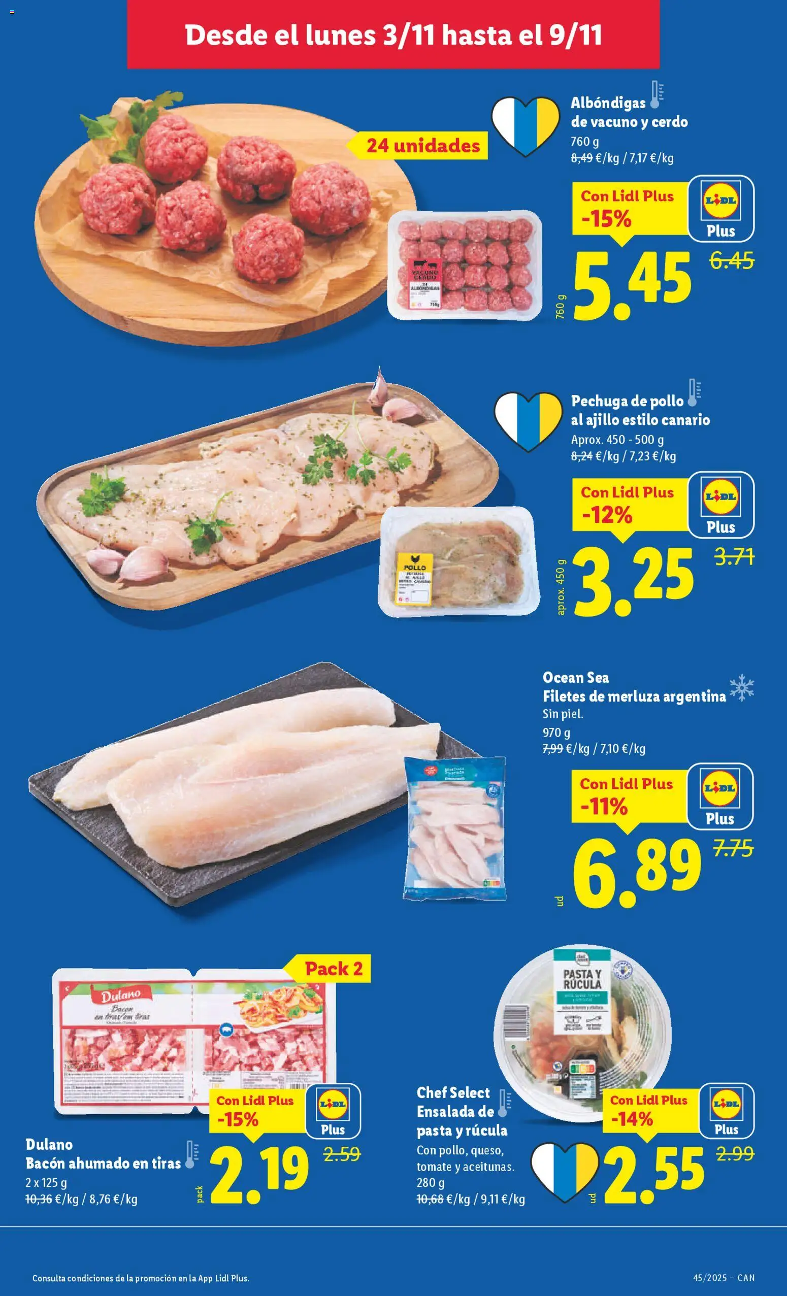 Lidl - Canarias │ válido desde el 03.11.2025 | Página: 15 | Productos: Cerdo, Pasta, Filetes de merluza, Ensalada