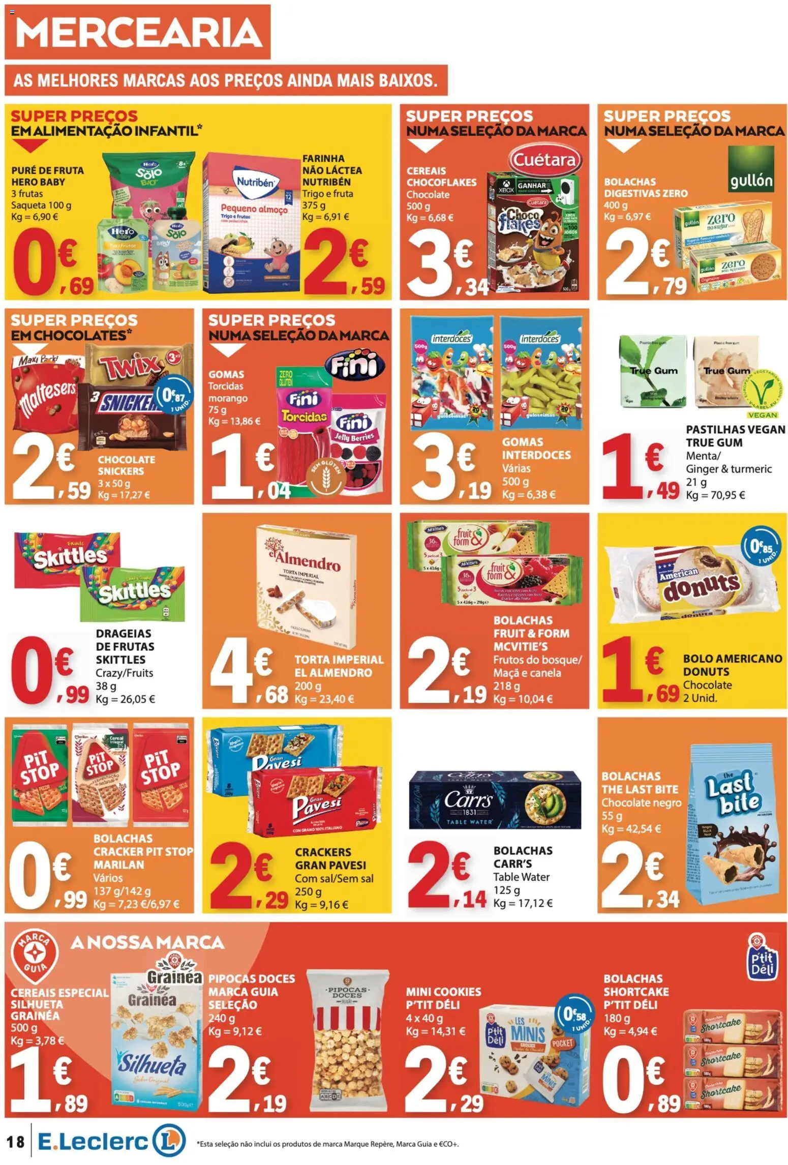 E.Leclerc folheto │ válido de 23.04.2026 | Página: 18 | Produtos: Sal, Chocolate, Cereais, Gomas