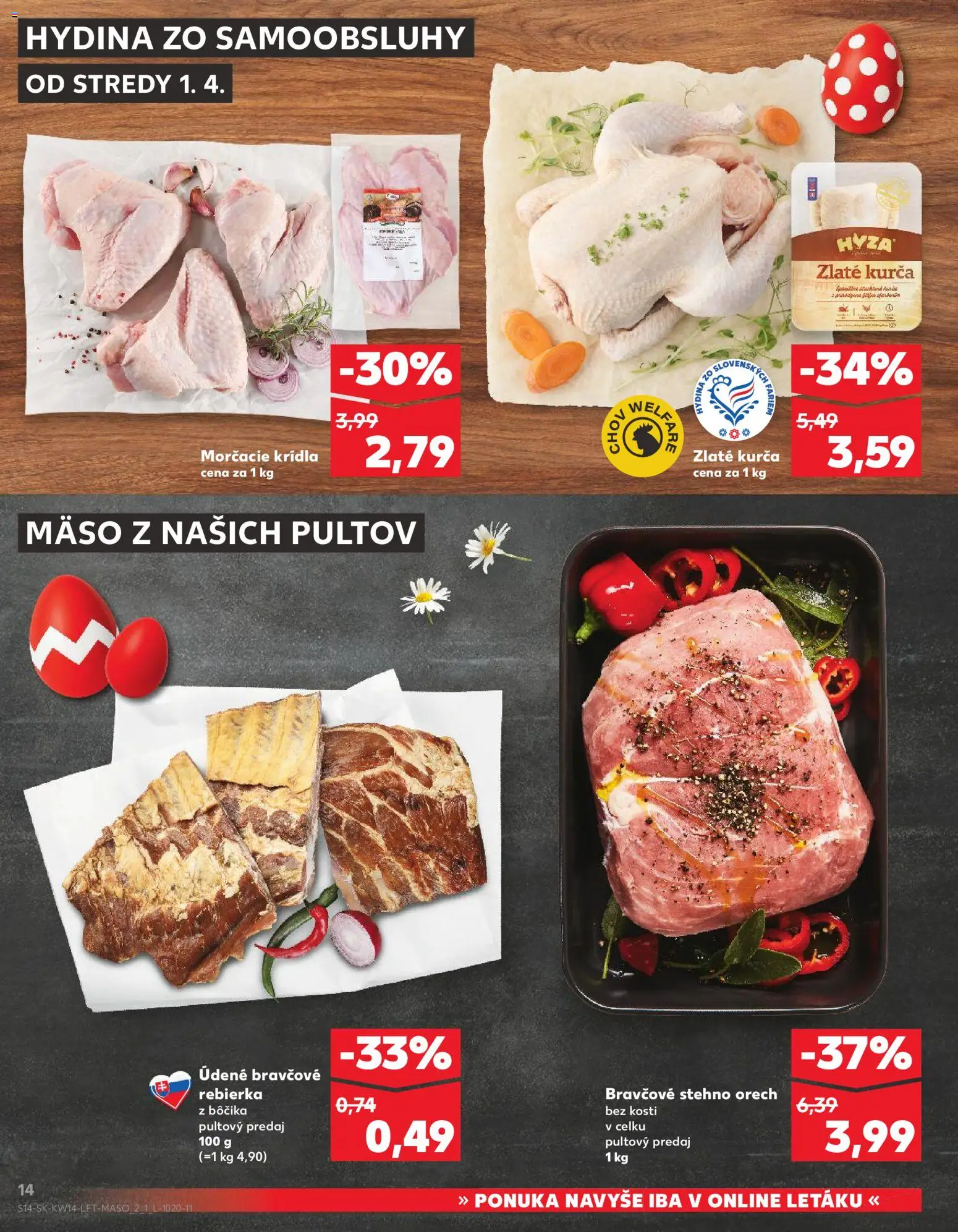 Nové Kaufland akcie – leták je platný od 01.04.2026 | Strana: 14 | Produkty: Bravčové stehno, Kurča