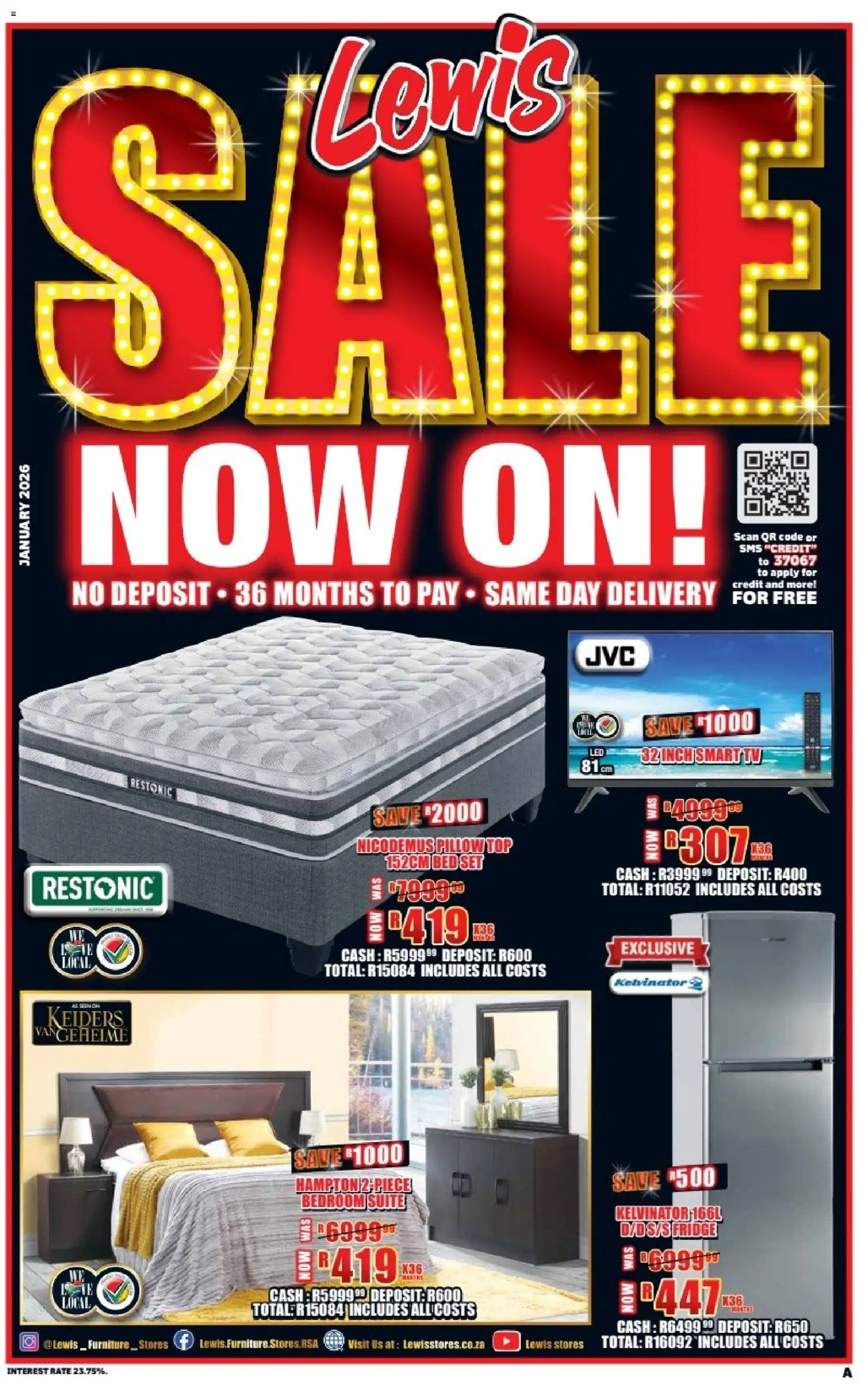 New Lewis Stores catalogue – valid from 05.01.2026 | Page: 1 | Products: Bed, Pillow, TV, Fridge