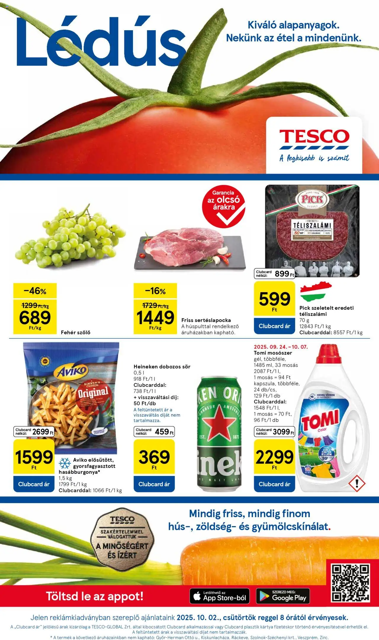 Tesco akciós ujság - amely érvényes a következő dátumtól: 02.10.2025 | Oldal: 1 | Termékek: Szőlő, Pick, Zöldség, Mosószer