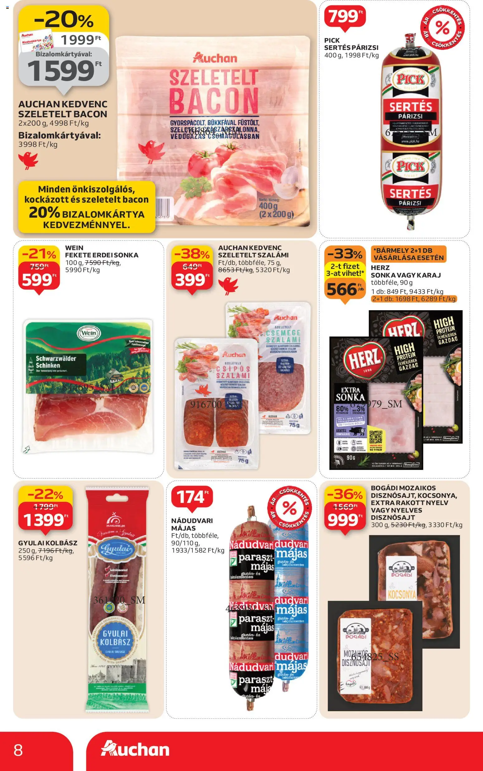 Auchan akciós ujság - amely érvényes a következő dátumtól: 02.01.2026 | Oldal: 8 | Termékek: Szeletelt bacon, Protein, Bacon, Gyulai kolbász
