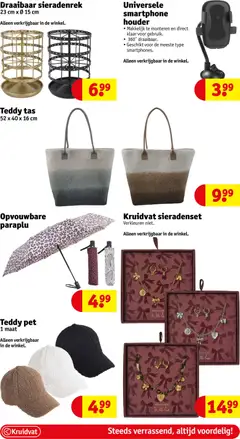 Universele smartphone houder, Makkelijk te monteren en direct klaar voor gebruik. 360° draaibaar. Geschikt voor de meeste type smartphones. Alleen verkrijgbaar in de winkel. - Voorbeeld van een folder van Kruidvat, geldig van 28.10.2025 | Pagina: 49 | Producten: Tas, Paraplu, Smartphone, Pet