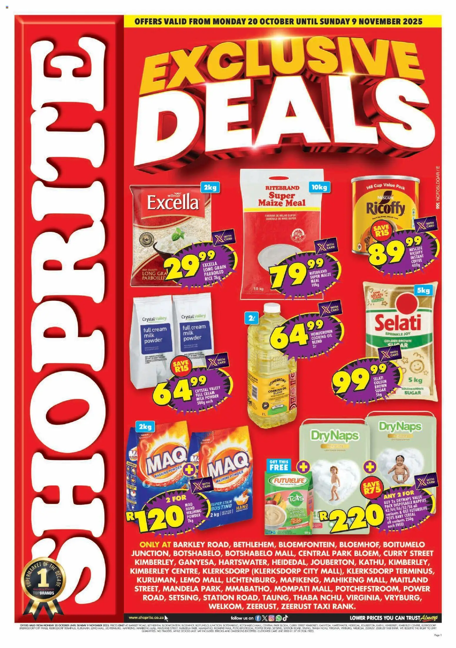 New Shoprite catalogue – valid from 20.10.2025 | Page: 1 | Products: Maize meal, Coffee, Rice, Sugar