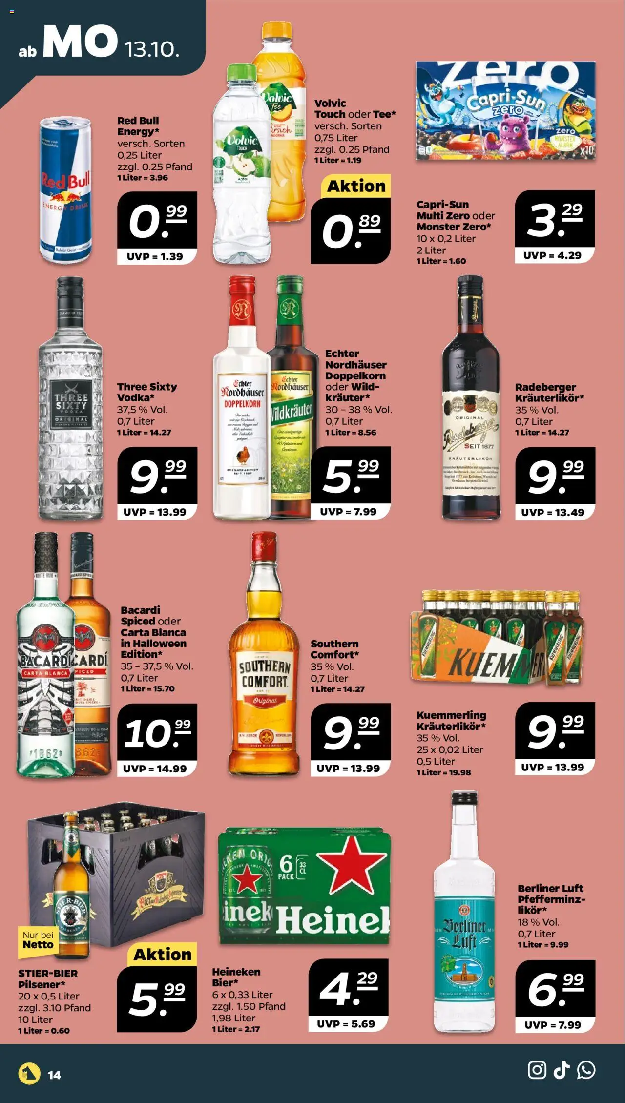 Netto Prospekt 	 – gültig ab 13.10.2025 | Seite: 14 | Produkte: Red bull, Energy, Heineken, Kuemmerling