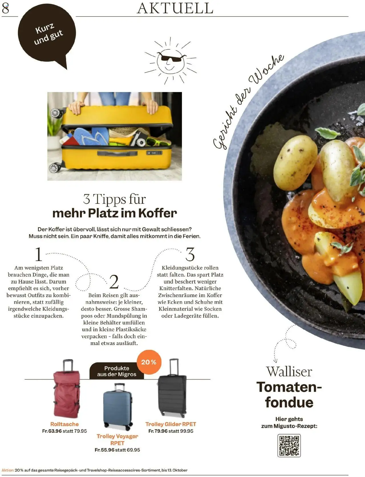 Migros Magazin – gültig ab 06.10.2025 | Seite: 8 | Produkte: Socken, Tomaten, Koffer, Fondue