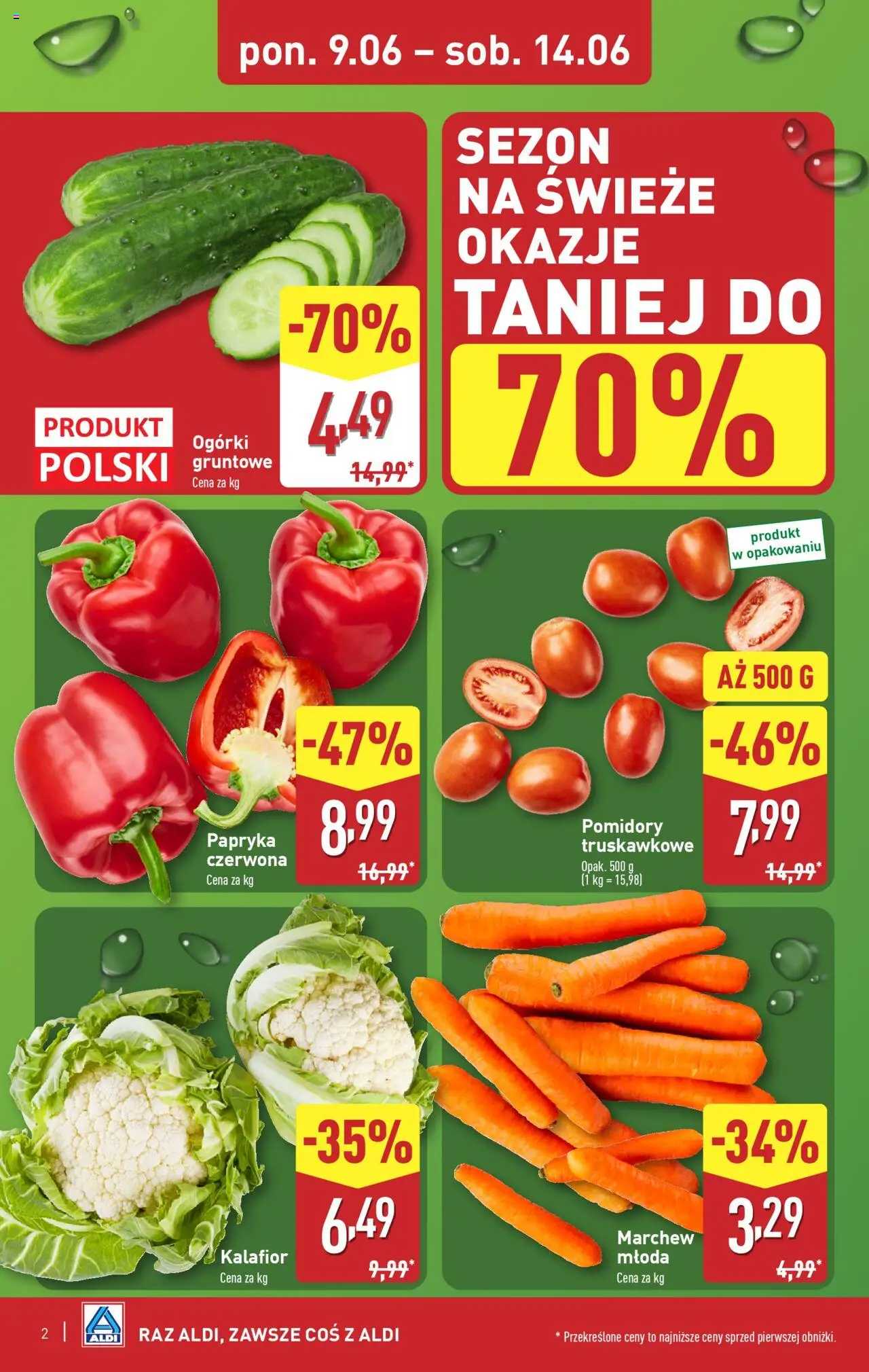 Aldi Gazetka od 09.06.2025 | Strona: 2 | Produkty: Kalafior, Papryka czerwona, Pomidory, Ogórki