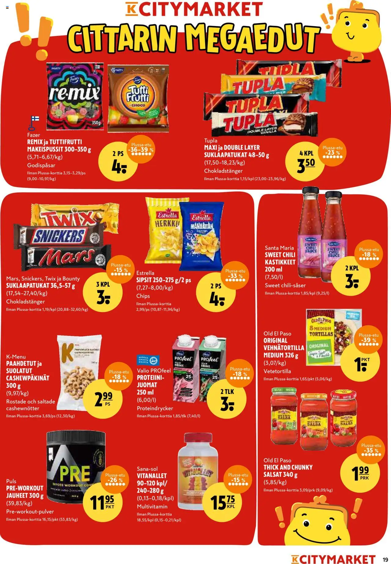 K-Citymarket tarjoukset – voimassa 18.09.2025 alkaen | Sivu: 19 | Tuotteet: Makeispussit, Chili, Suklaapatukat, Tutti