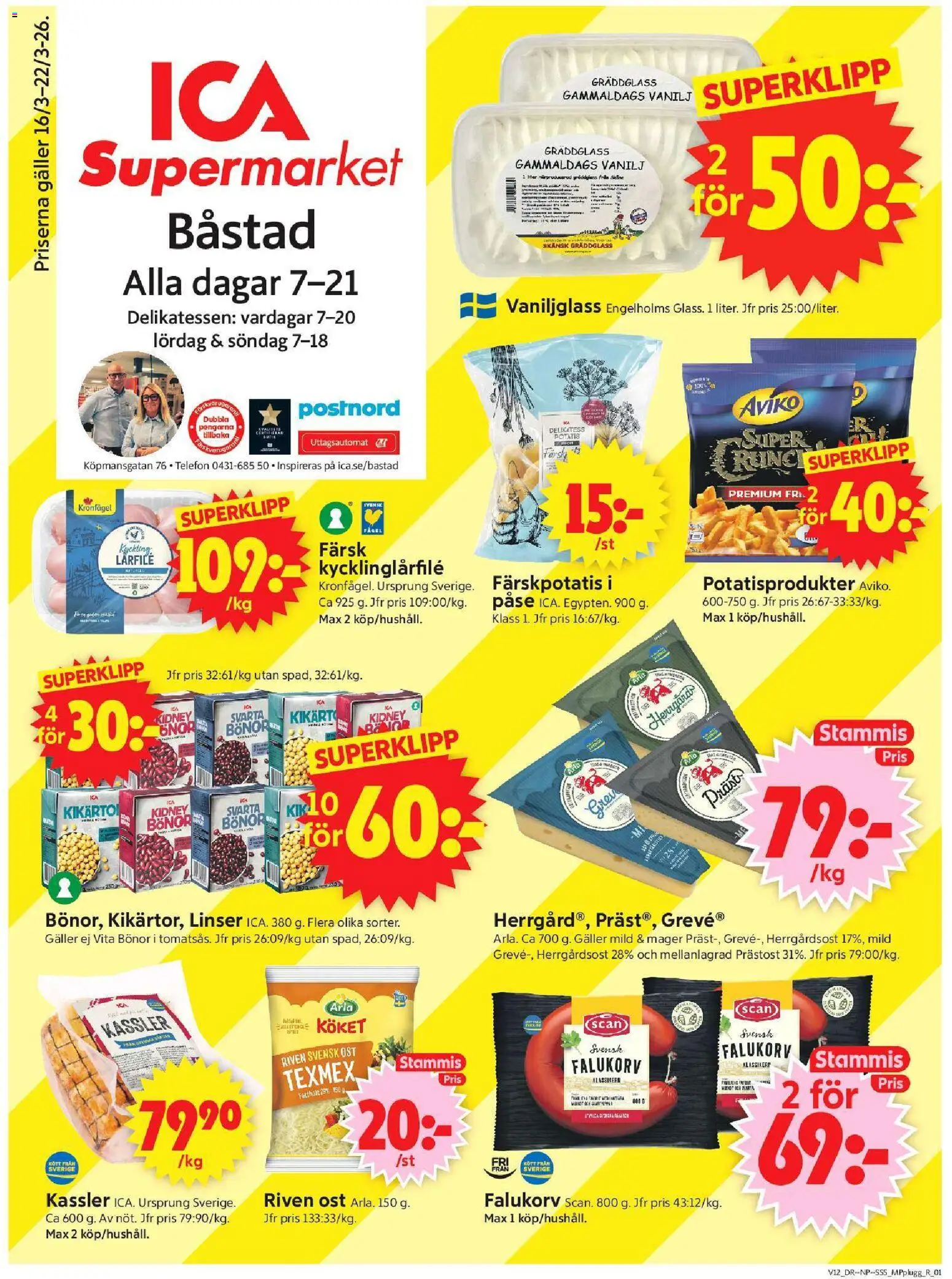 ICA Supermarket reklamblad aktuell från 16.03.2026 | Sida: 1 | Produkter: Kassler, Galler, Riven ost, Fräs