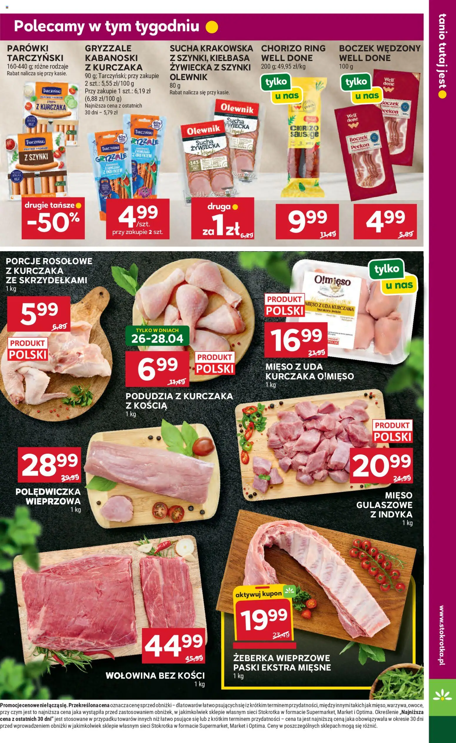 Stokrotka gazetka - Market od 23.04.2026 | Strona: 19 | Produkty: Mięso z uda kurczaka, Mięso, Parówki, Boczek wędzony