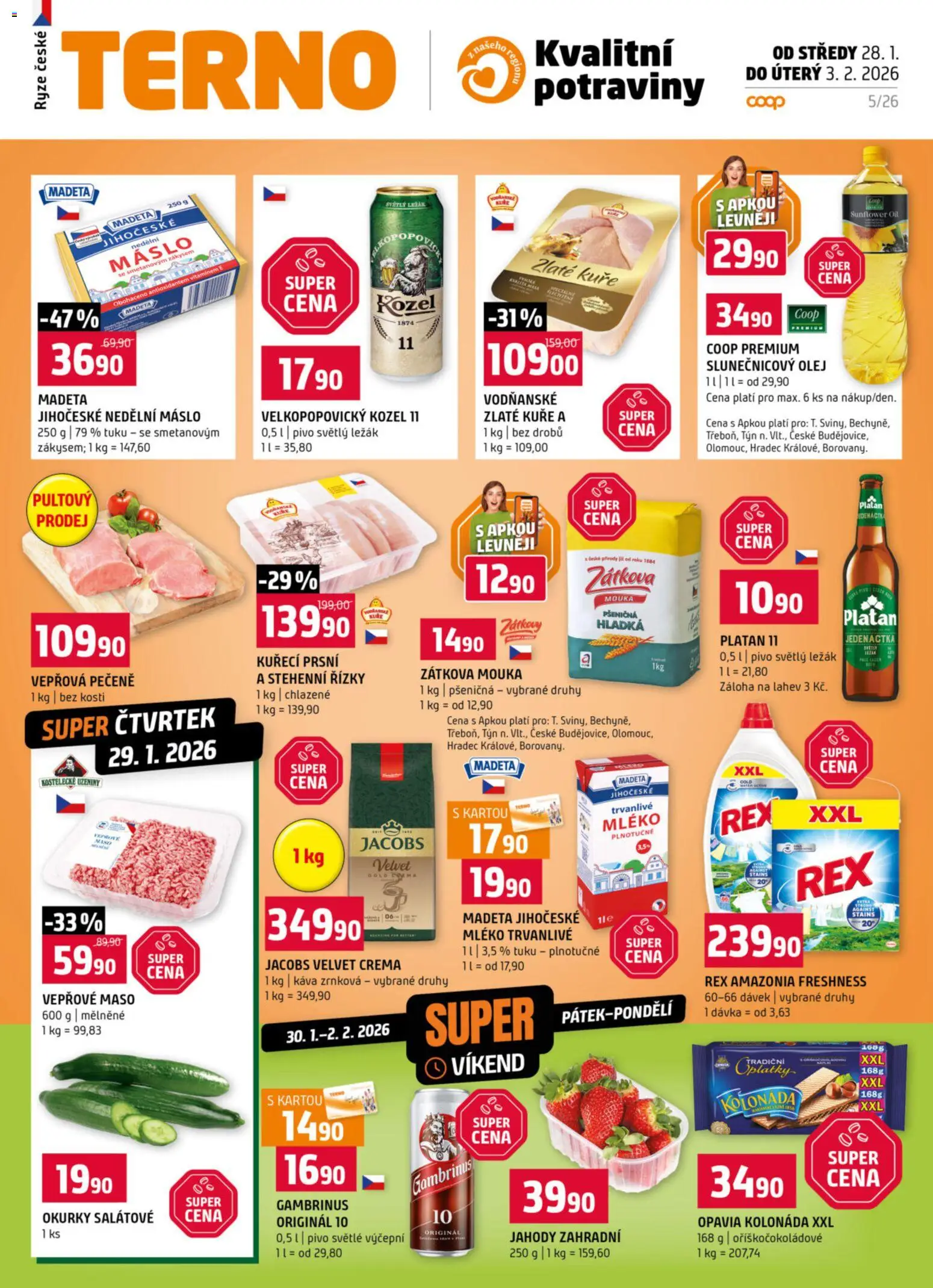 Trefa leták od 28.01.2026 | Strana: 1 | Produkty: Vepřová pečeně, Rýže, Jahody, Jacobs velvet