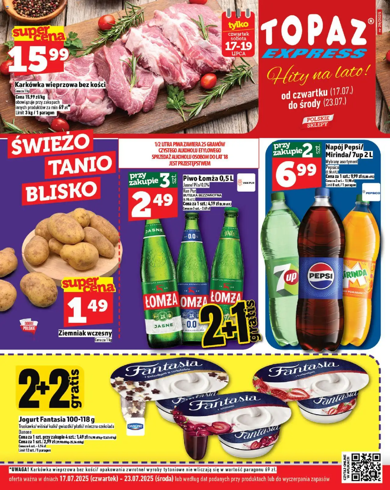 Topaz Gazetka - Express od 17.07.2025 | Strona: 1 | Produkty: Karkówka, Pepsi, Czekolada, Piwo