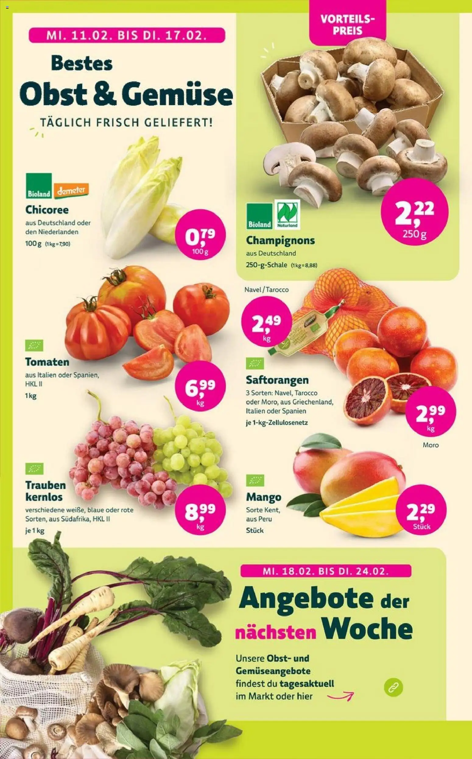 Denns BioMarkt Angebote – gültig ab 11.02.2026 | Seite: 6 | Produkte: Trauben, Tomaten, Champignons, Mango