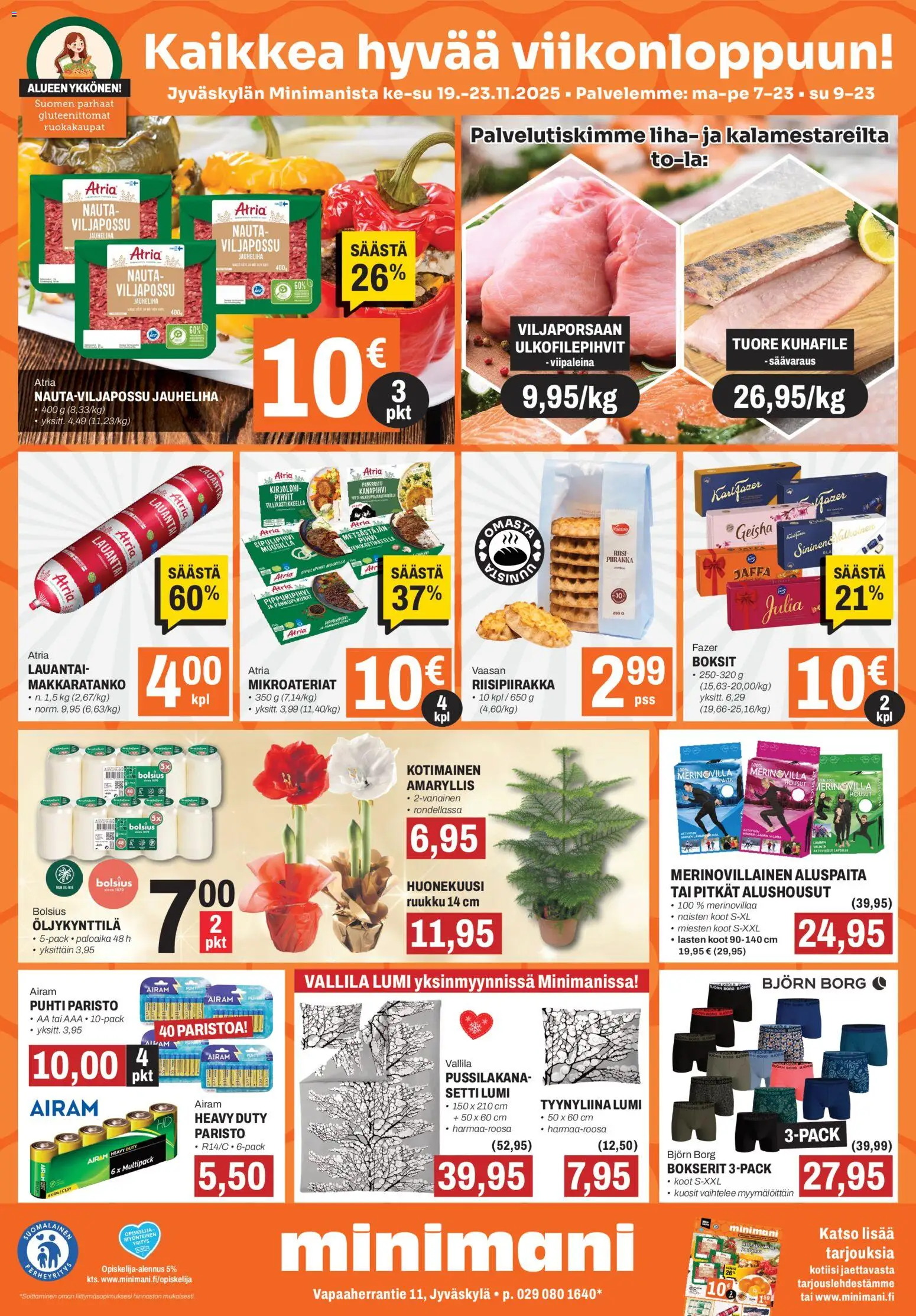 Minimani Tarjoukset - Jyväskylä – voimassa 19.11.2025 alkaen | Sivu: 1 | Tuotteet: Kirjolohi, Jauheliha, Housut, Alushousut