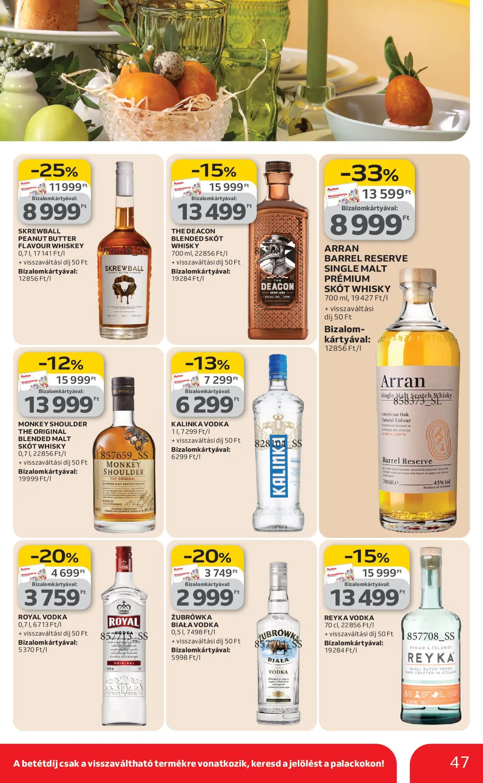 Auchan akciós ujság - amely érvényes a következő dátumtól: 12.03.2026 | Oldal: 47 | Termékek: Whiskey, Vodka, Whisky