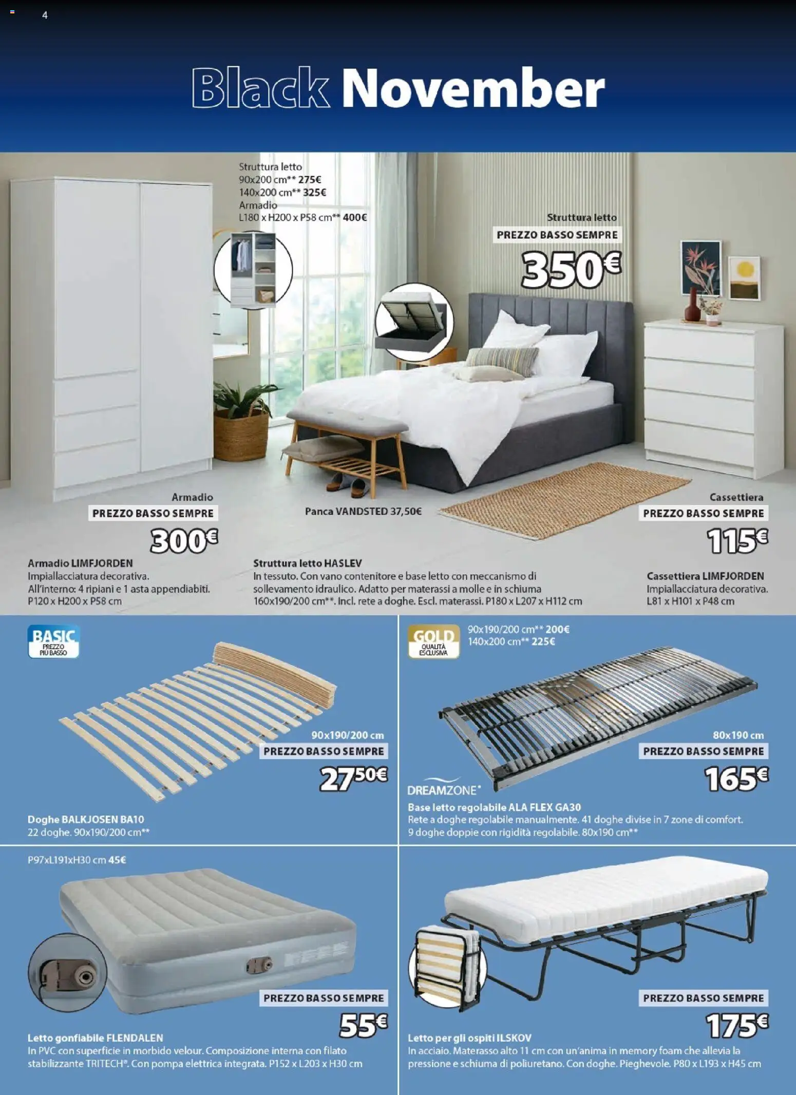 Volantino JYSK del 13.11.2025 | Pagina: 4 | Prodotti: Letto, Materasso, Armadio, Cassettiera