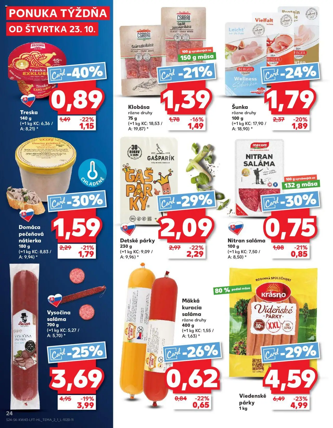 Nové Kaufland akcie – leták je platný od 23.10.2025 | Strana: 24 | Produkty: Šunka, Klobása, Párky, Treska