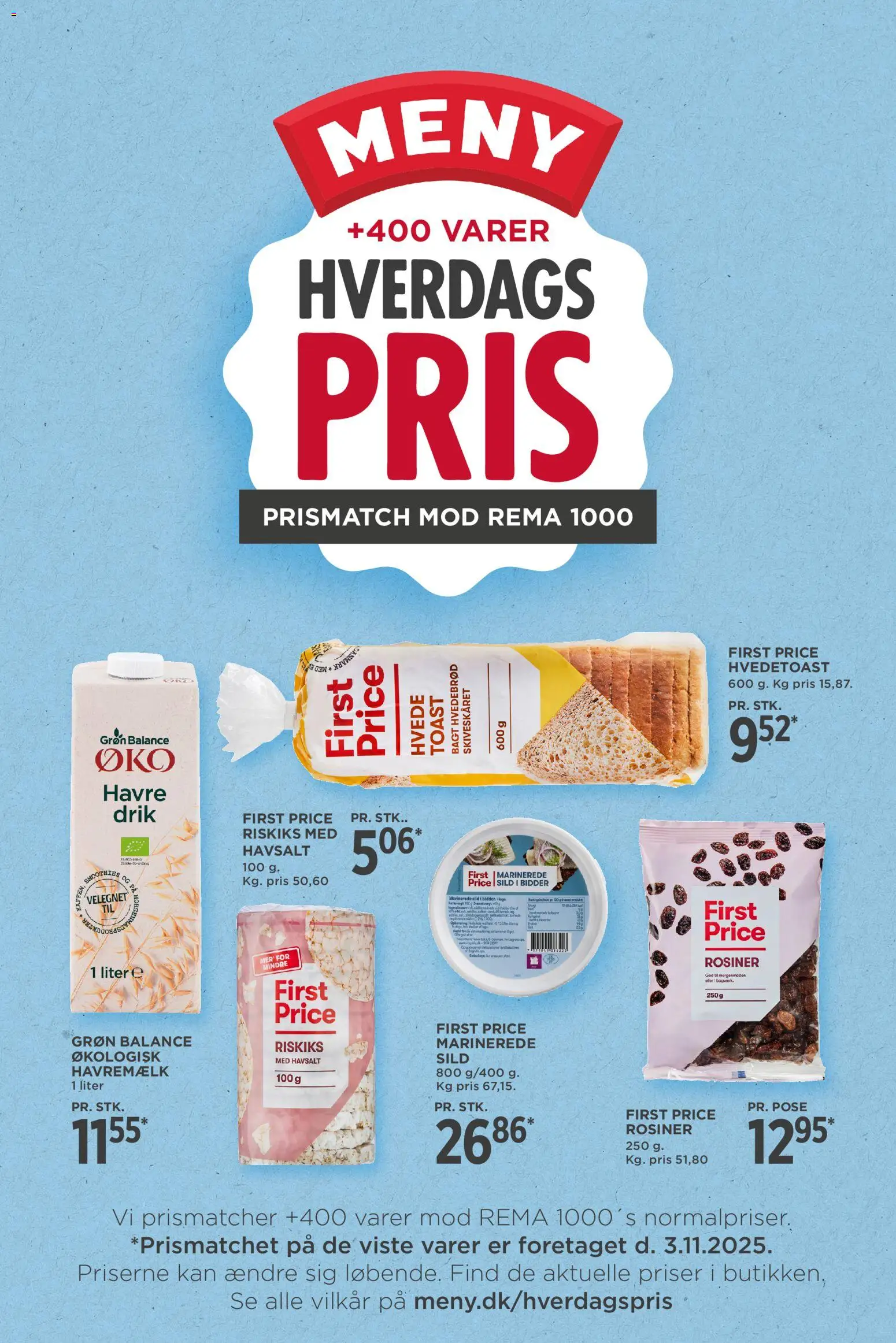 Meny tilbudsavis – gyldig fra 03.11.2025 | Side: 1 | Produkter: Rosiner, Kartofler, Hindbær, Marmelade