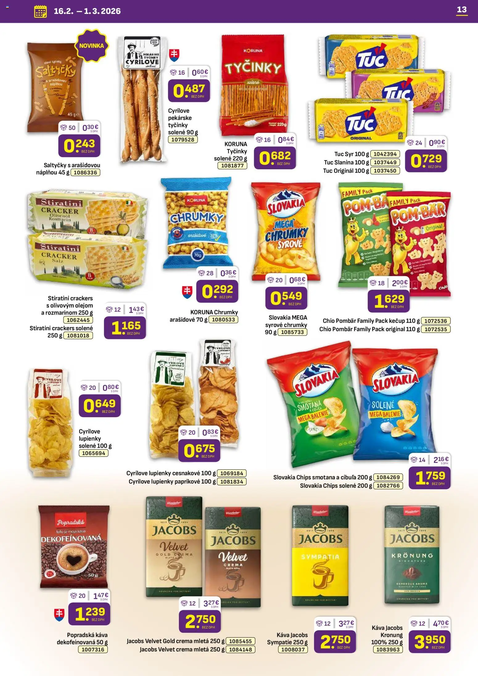 Nové Libex akcie – leták je platný od 16.02.2026 | Strana: 13 | Produkty: Jacobs Velvet, Popradská káva, Slanina, Smotana