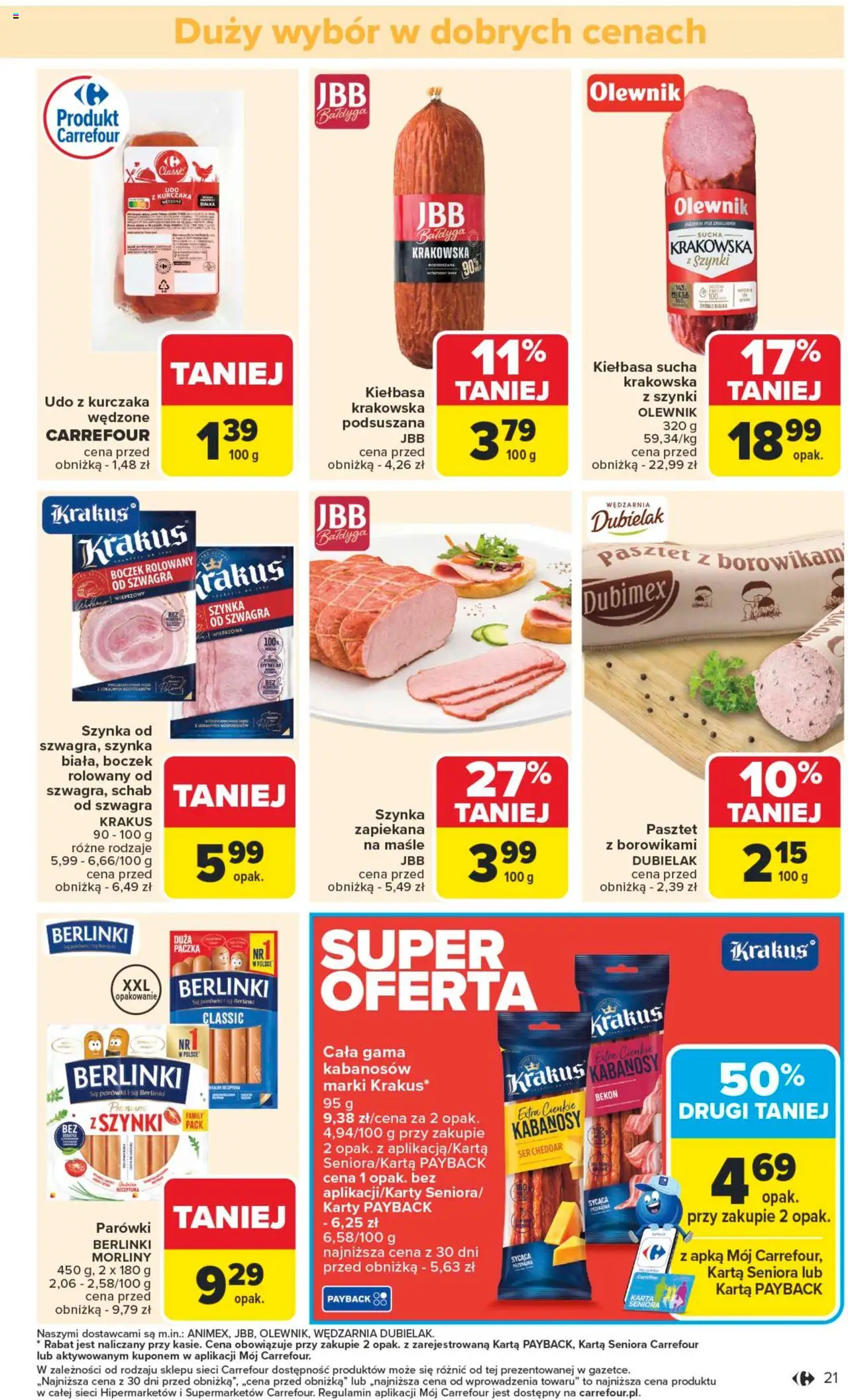 Carrefour Gazetka od 13.10.2025 | Strona: 21 | Produkty: Schab, Parówki, Szynka, Ser cheddar