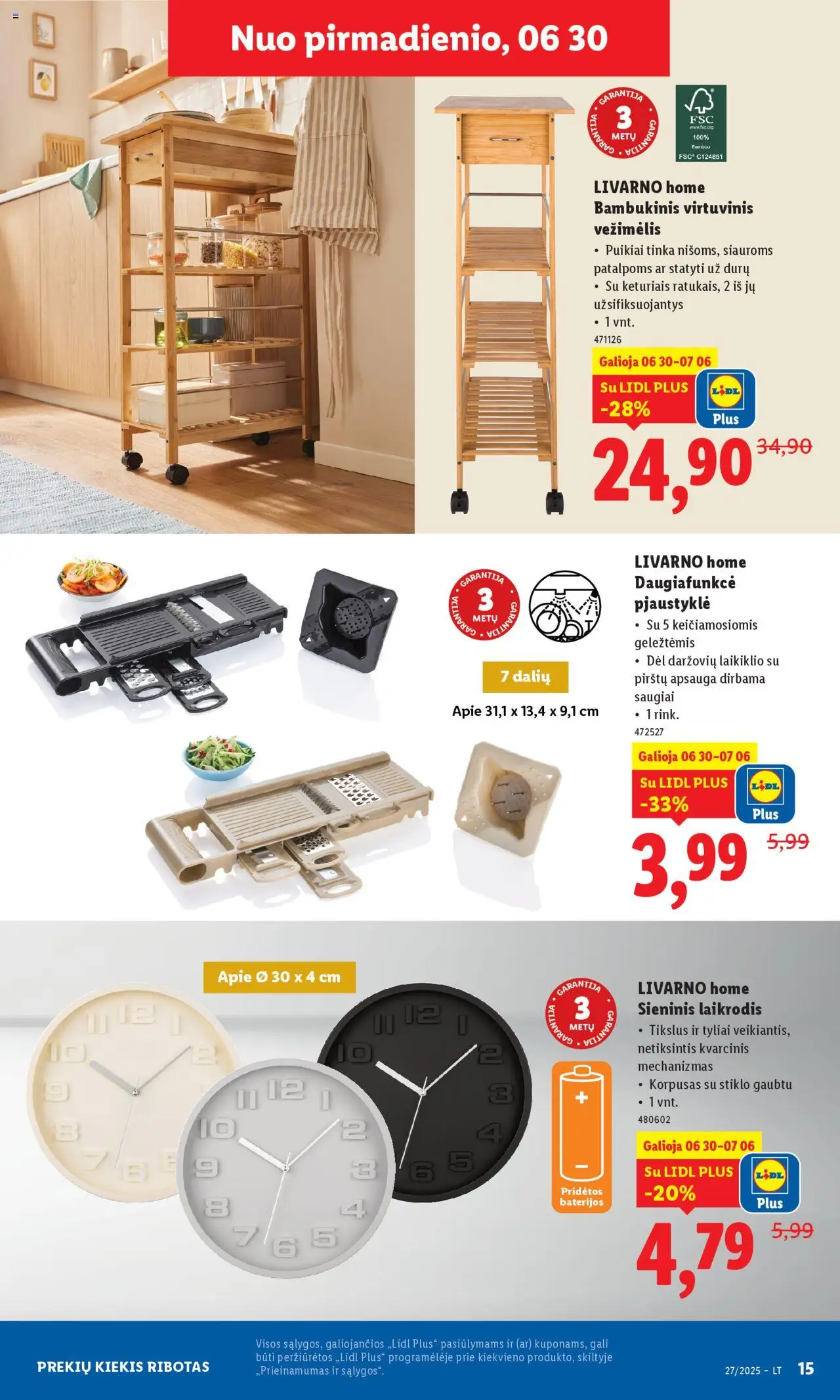 LIDL leidinys - Ne maisto prekių pasiūlymai│galioja nuo 30.06.2025 | Puslapis: 15 | Prekių: Laikrodis, Pjaustyklė