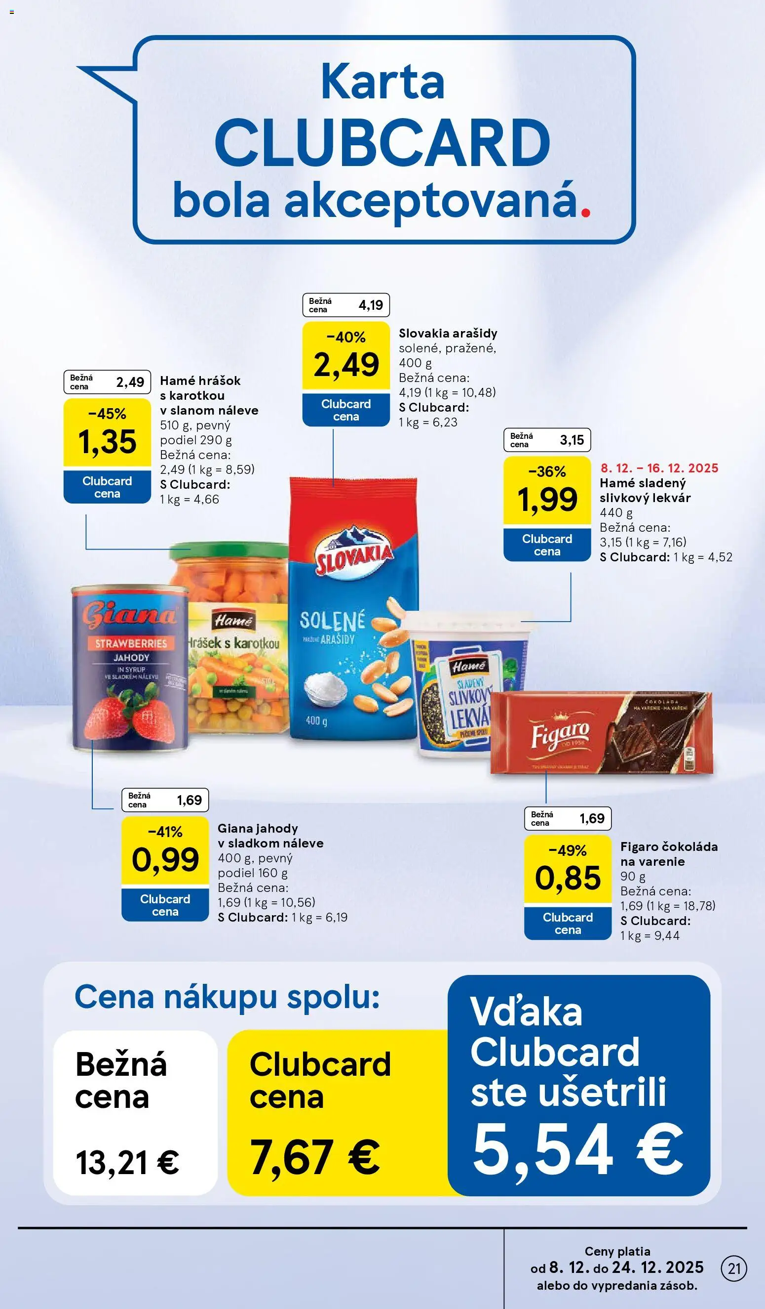 Nové Tesco akcie – leták je platný od 08.12.2025 | Strana: 21 | Produkty: Hrášok, Čokoláda, Jahody, Arašidy