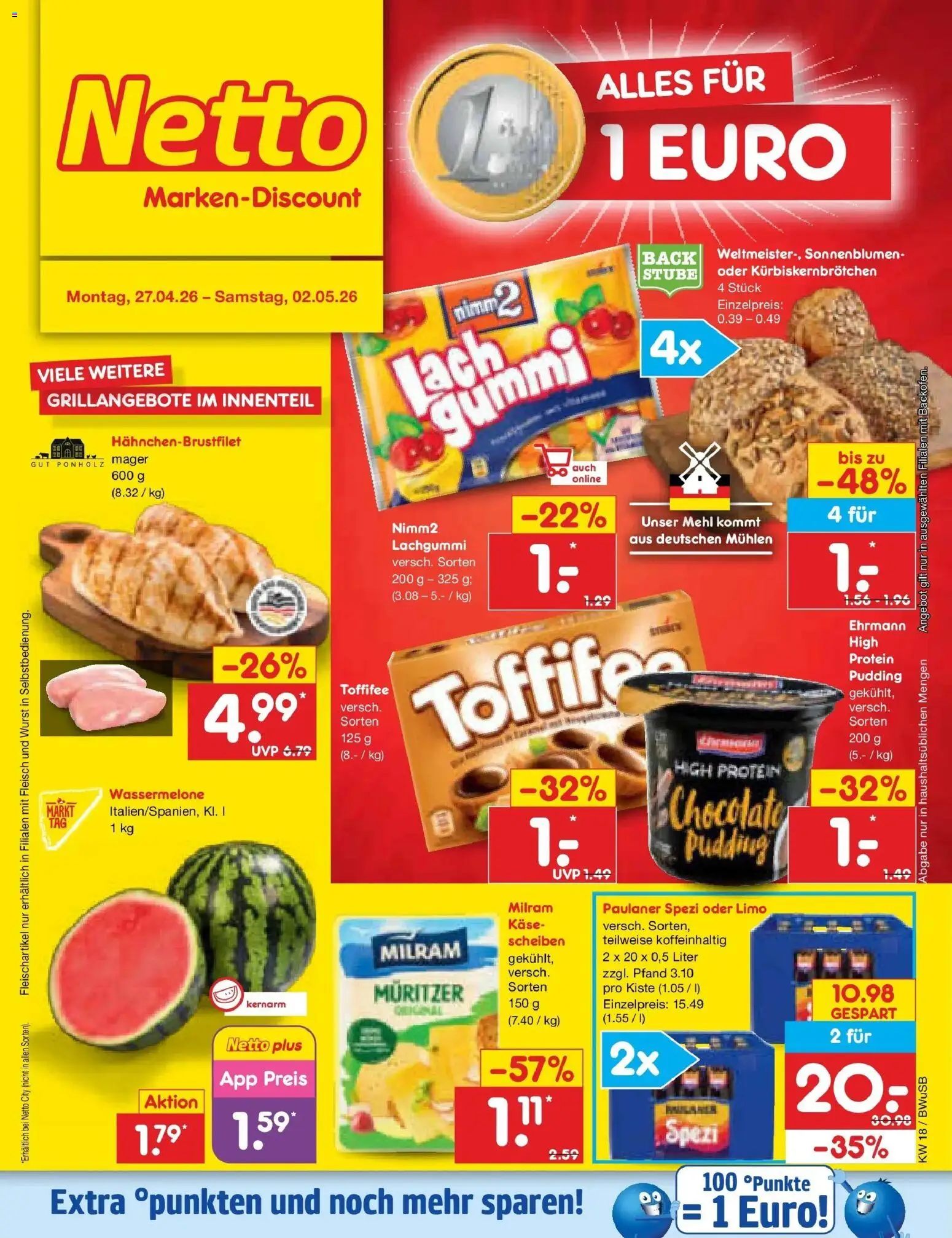 Netto Marken-Discount Prospekt Stemwede-Dielingen	 – gültig ab 27.04.2026 | Seite: 1 | Produkte: Mehl, Käse, Paulaner spezi, Toffifee