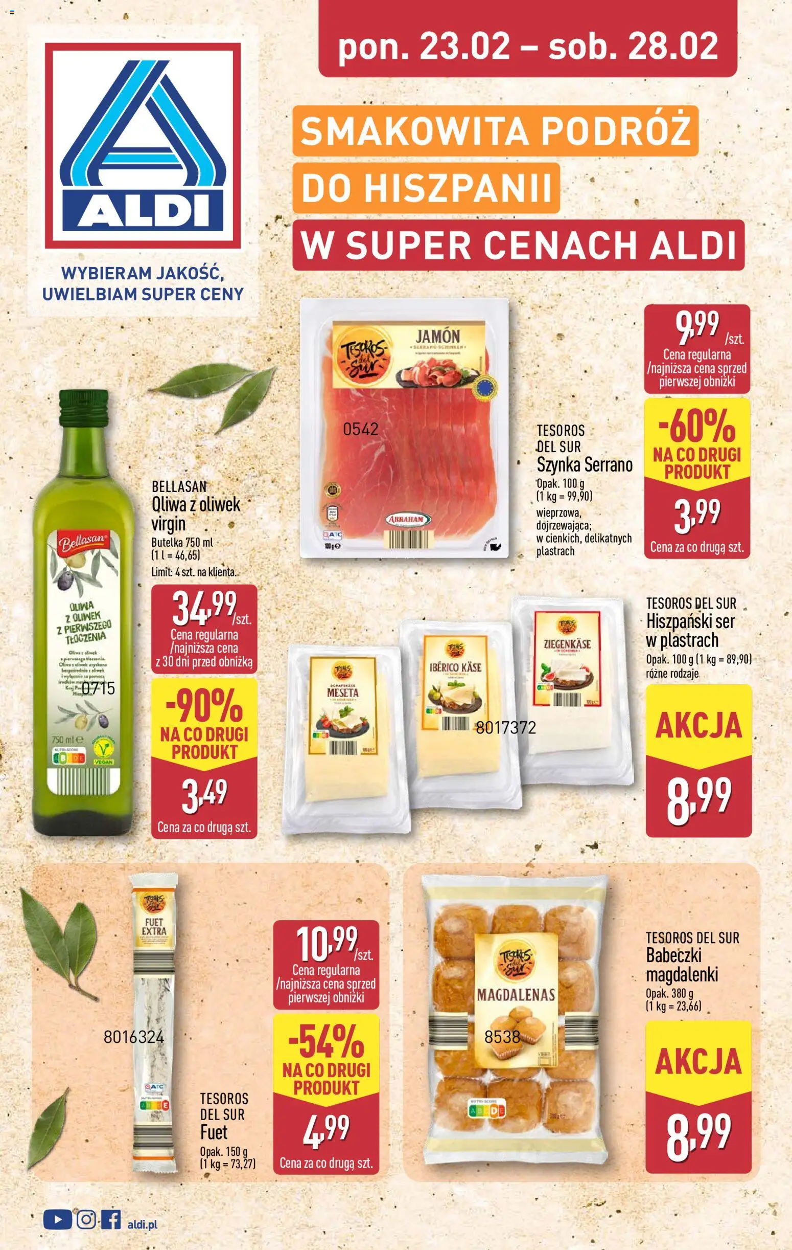 Aldi Gazetka - Smakowita podróż do Hiszpanii od 23.02.2026 | Strona: 1 | Produkty: Oliwa z oliwek, Szynka, Fuet, Babeczki