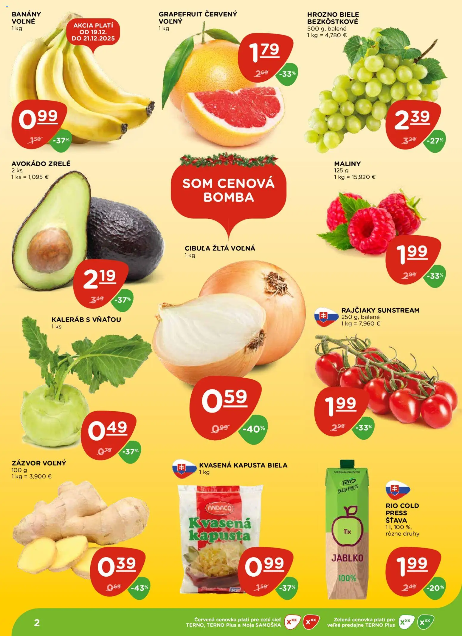 Nové Terno akcie – leták je platný od 18.12.2025 | Strana: 2 | Produkty: Banány, Avokádo, Grapefruit, Cibuľa