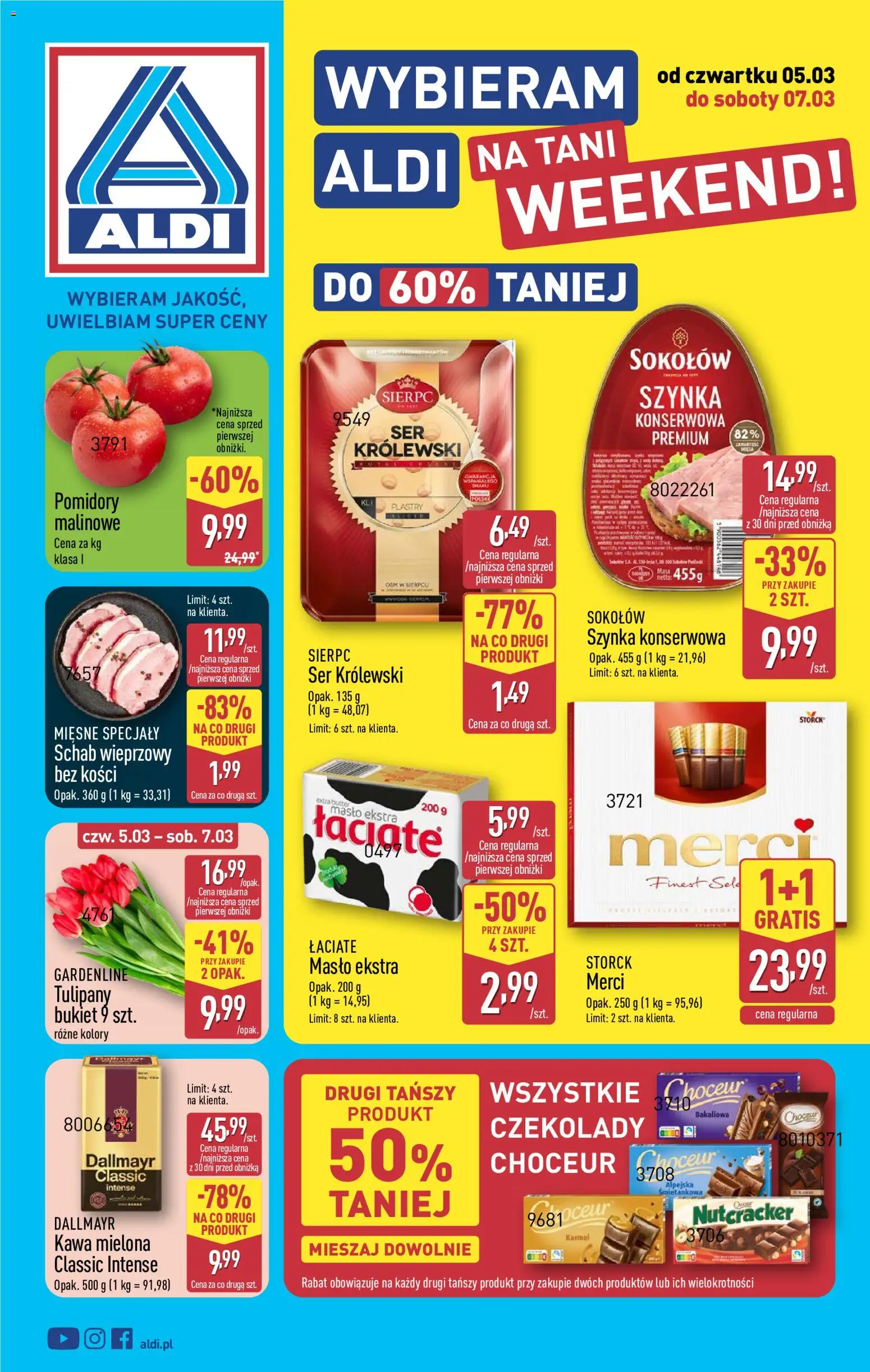 Aldi Polsko leták - Oferta weekendowa od 05.03.2026 | Strana: 1 | Produkty: Máslo, Finest, Merci, Tulipány
