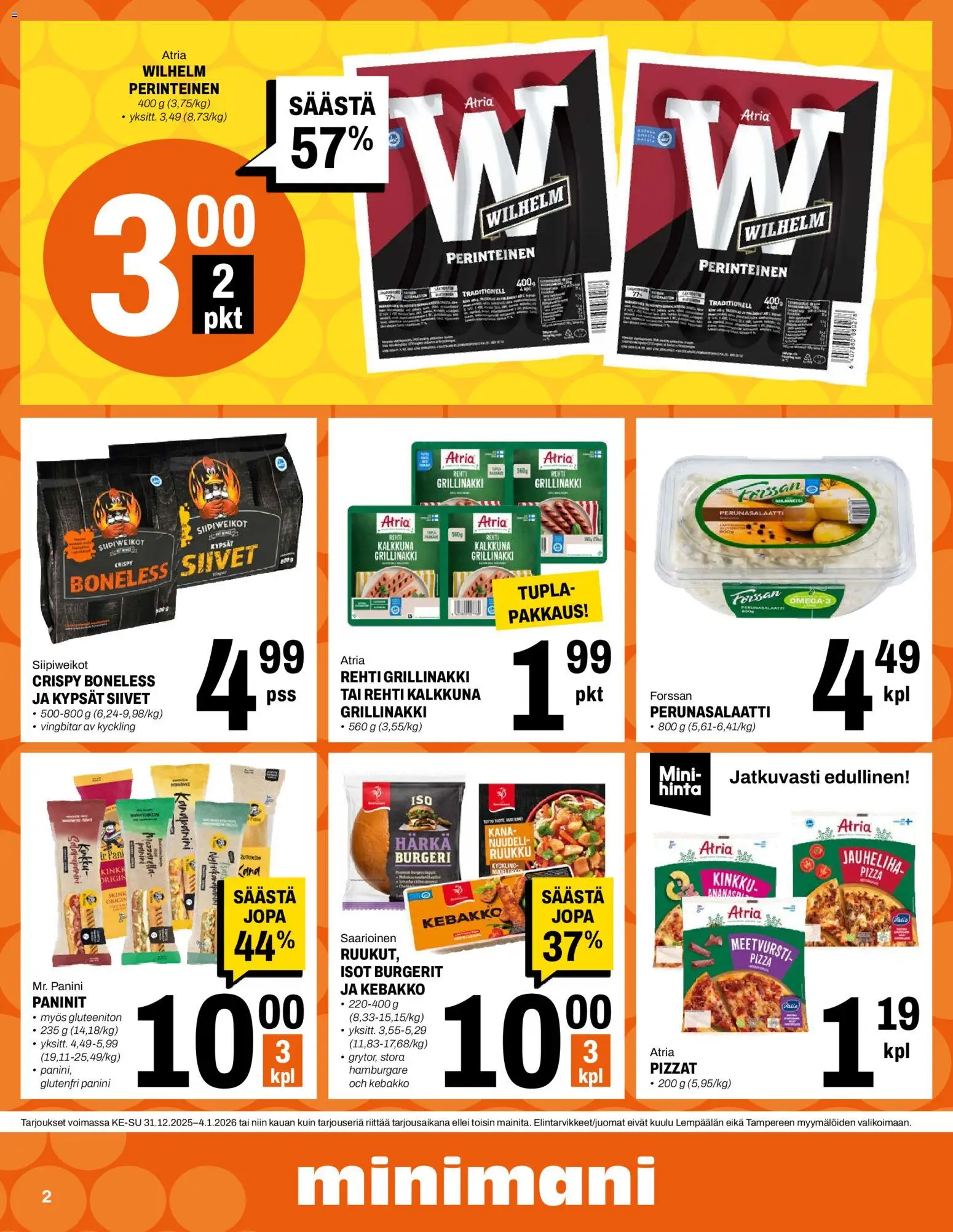 Minimani tarjoukset – voimassa 31.12.2025 alkaen | Sivu: 2 | Tuotteet: Meetvursti, Mozzarella, Jauheliha, Pizza