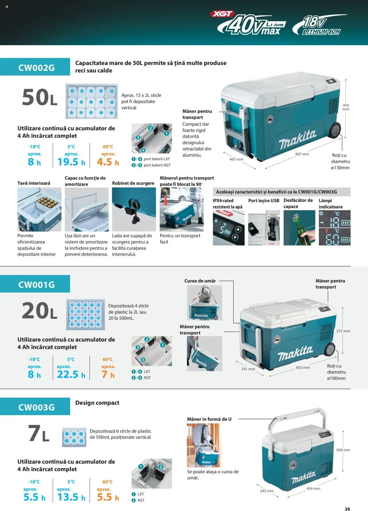 Makita catalog - Masini profesionale Makita XGT – valabil de la 20.06.2024 | Pagină: 39 | Produse: Usb, Mâner, Baterii, Ușă
