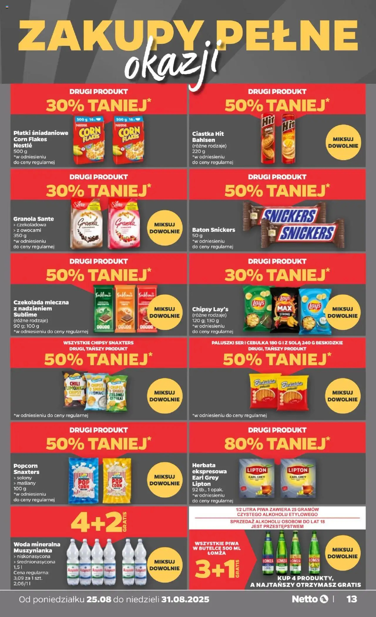 Netto gazetka - Spożywcza od 25.08.2025 | Strona: 13 | Produkty: Czekolada mleczna, Muszynianka, Lays, Woda