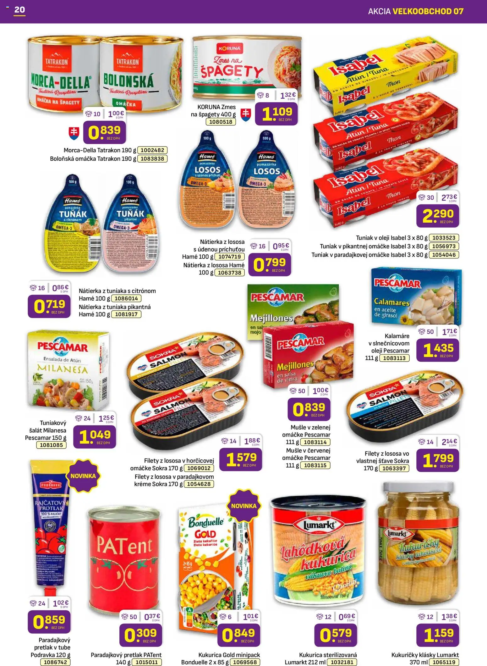 Nové Libex akcie – leták je platný od 07.04.2026 | Strana: 20 | Produkty: Tuniak, Losos, Omáčka, Špagety