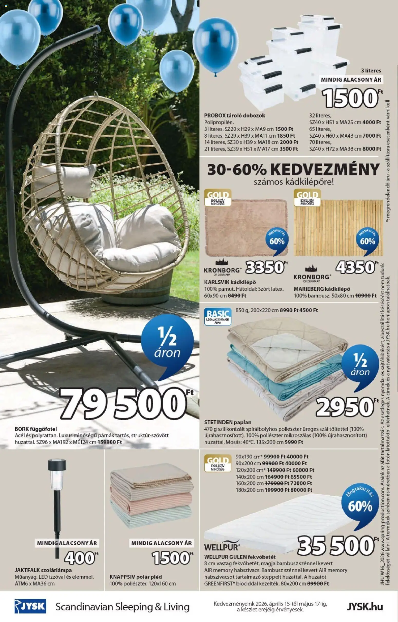 JYSK akciós ujság - amely érvényes a következő dátumtól: 15.04.2026 | Oldal: 16 | Termékek: Paplan, Függőfotel, Szolárlámpa, Pléd