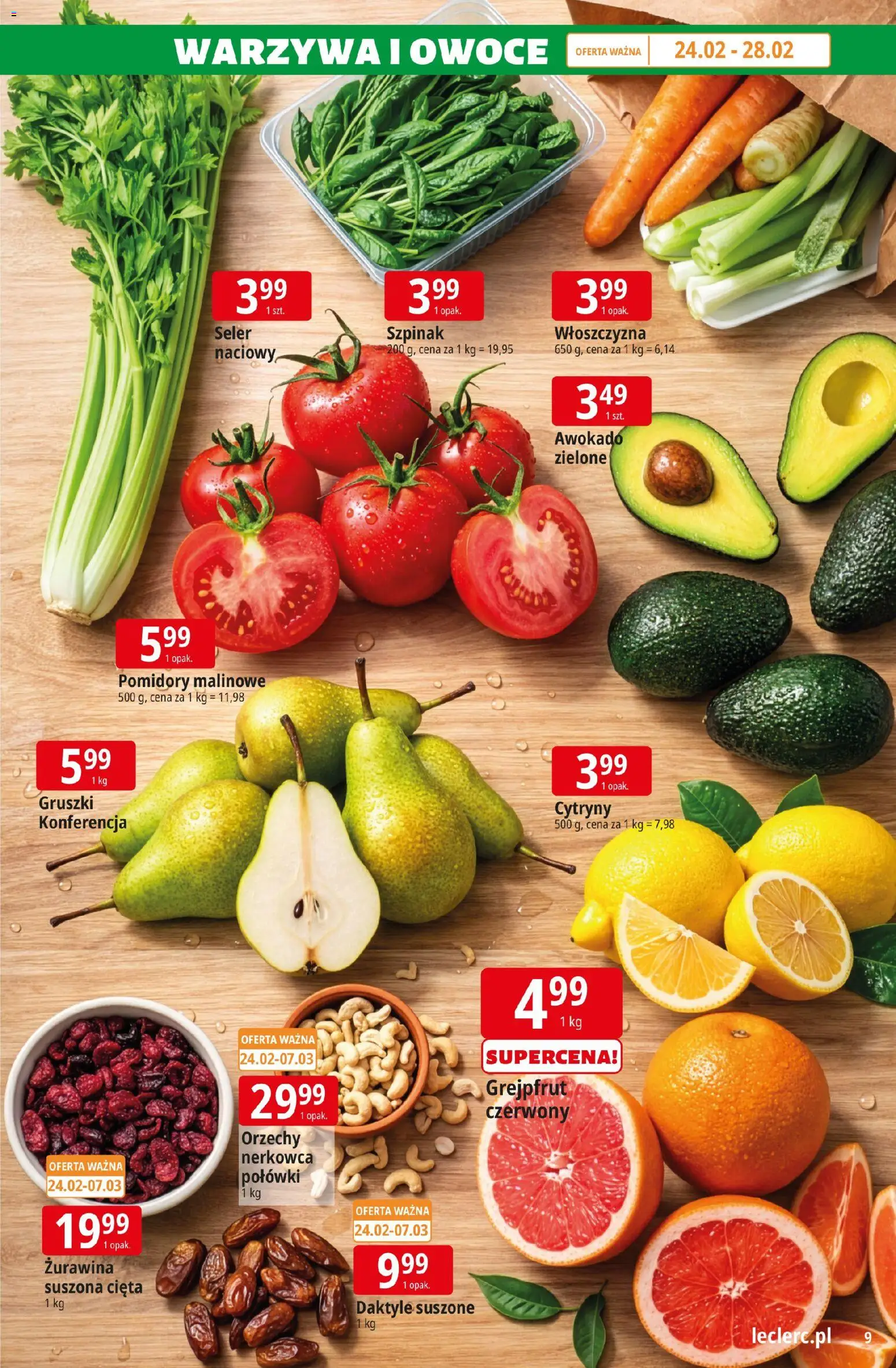 E.Leclerc Gazetka - Zielona Góra od 24.02.2026 | Strona: 9 | Produkty: Cytryny, Szpinak, Grejpfrut, Warzywa
