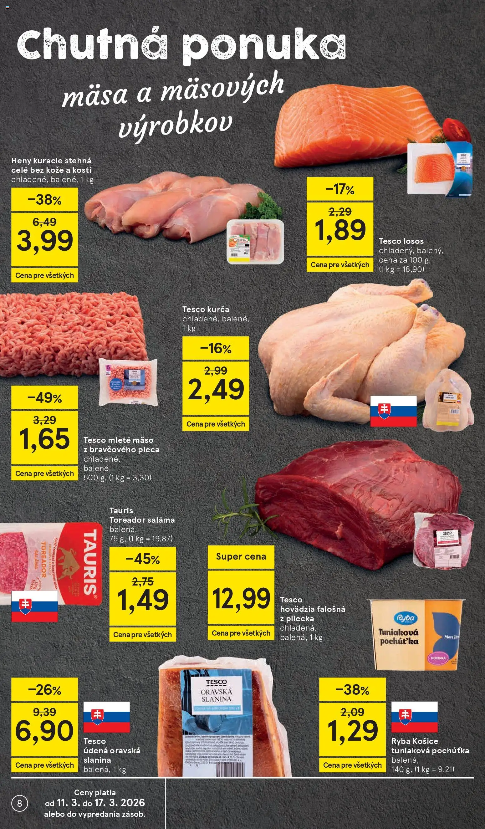 Nové Tesco akcie – leták je platný od 11.03.2026 | Strana: 8 | Produkty: Saláma, Slanina, Mleté mäso, Kurča