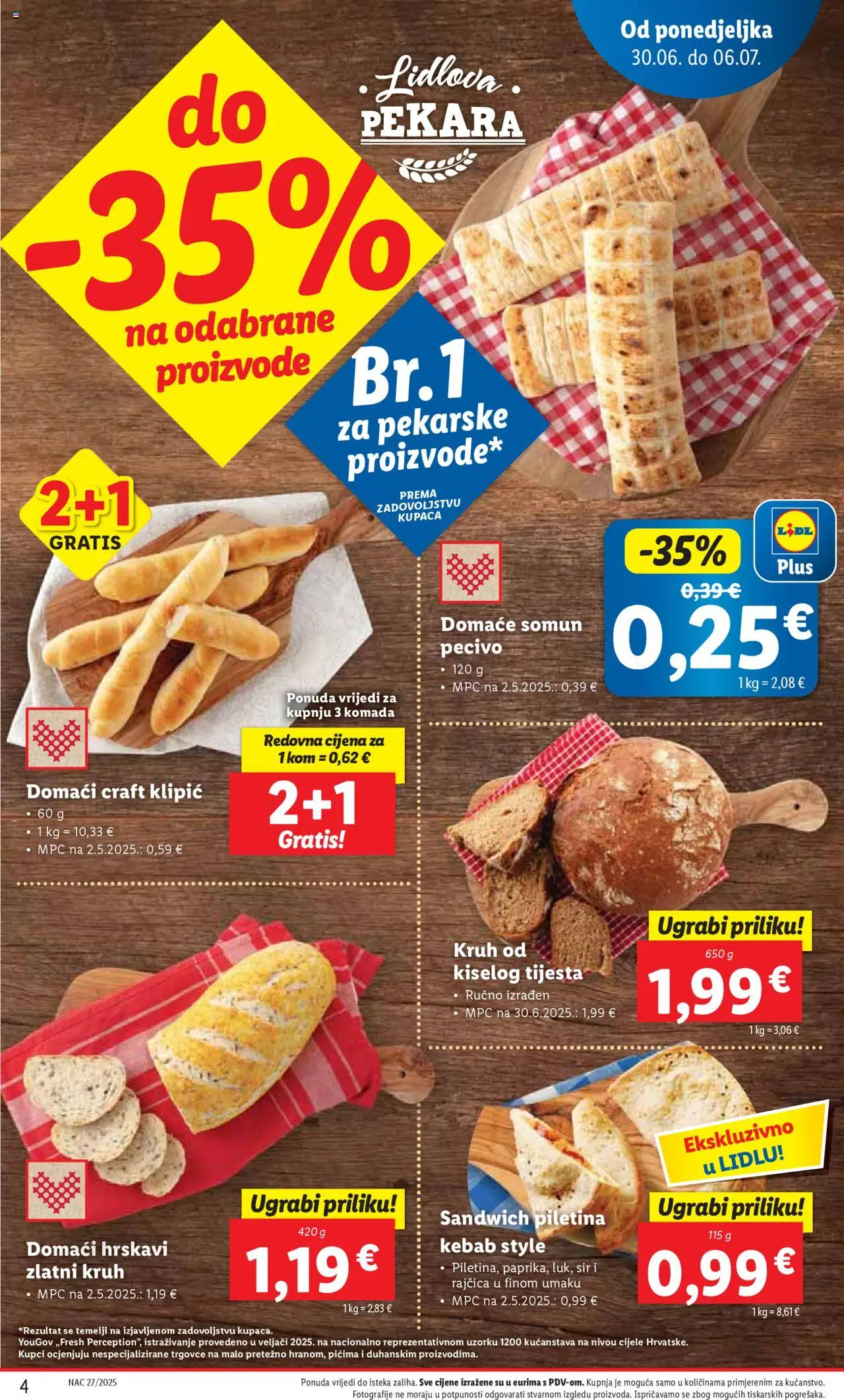 Lidl katalog | vrijedi od 30.06.2025 | Stranica: 4 | Proizvodi: Pekara, Somun, Sir, Piletina
