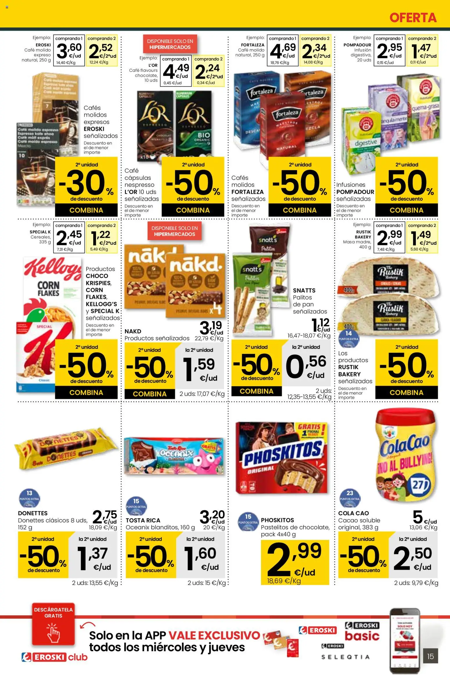 Eroski - Más de 2000 productos siempre a buen precio │ válido desde el 15.01.2026 | Página: 15 | Productos: Pan, Café molido, Cacao soluble, Φρυγανιές σικάλεως