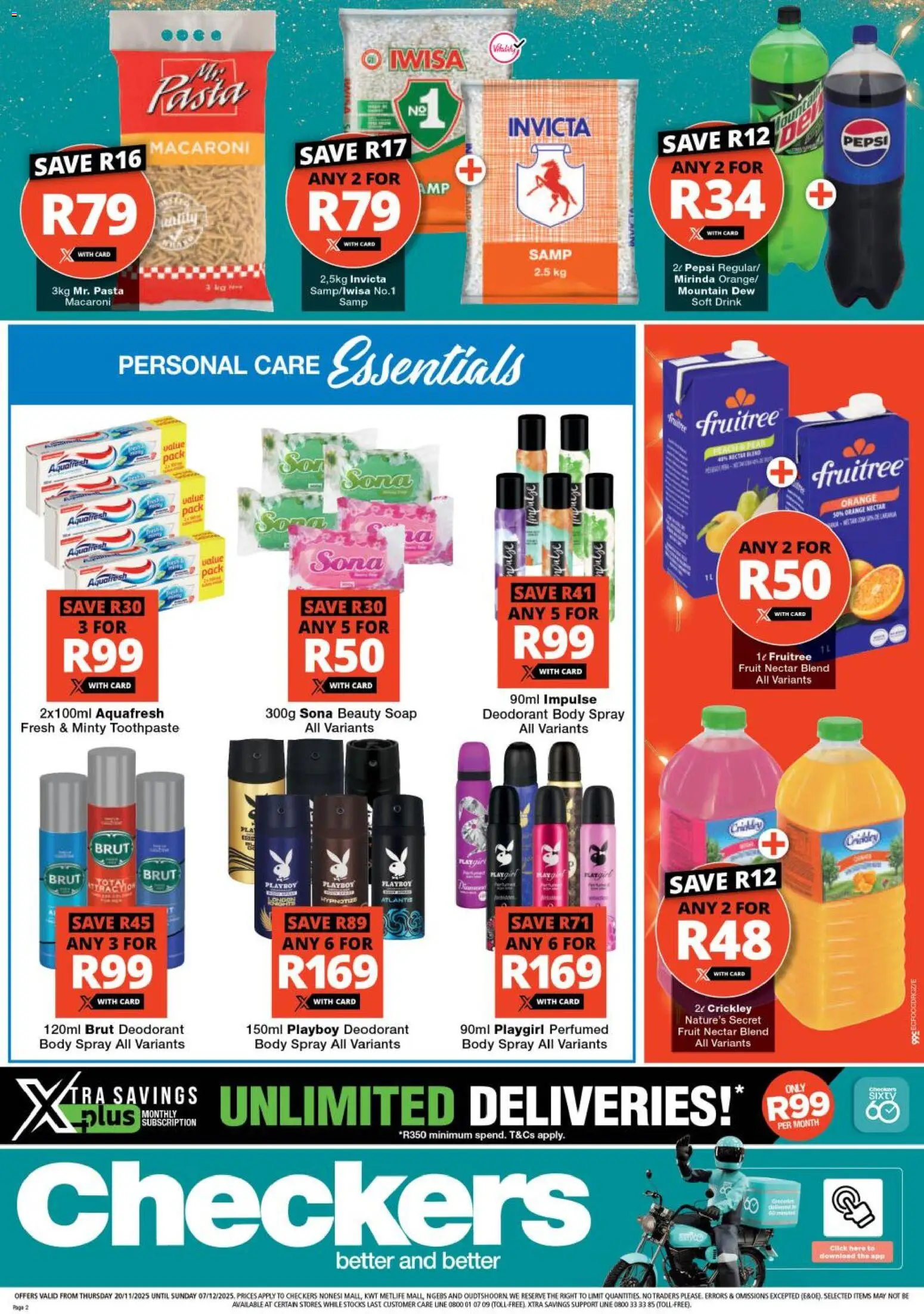 New Checkers catalogue – valid from 20.11.2025 | Page: 2 | Products: Pasta, Soap, Toothpaste, Fruit